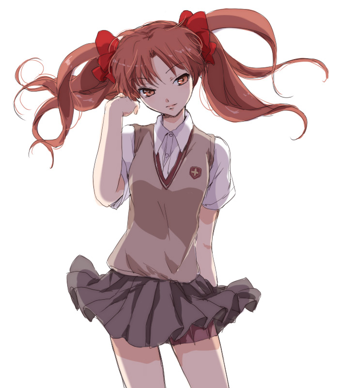 akina tsukako, shirai kuroko, toaru kagaku no railgun, toaru majutsu no index, 00s, 1girl, brown hair, female focus, orange eyes, parted bangs, school uniform, simple background, skirt, solo, twintails, white background