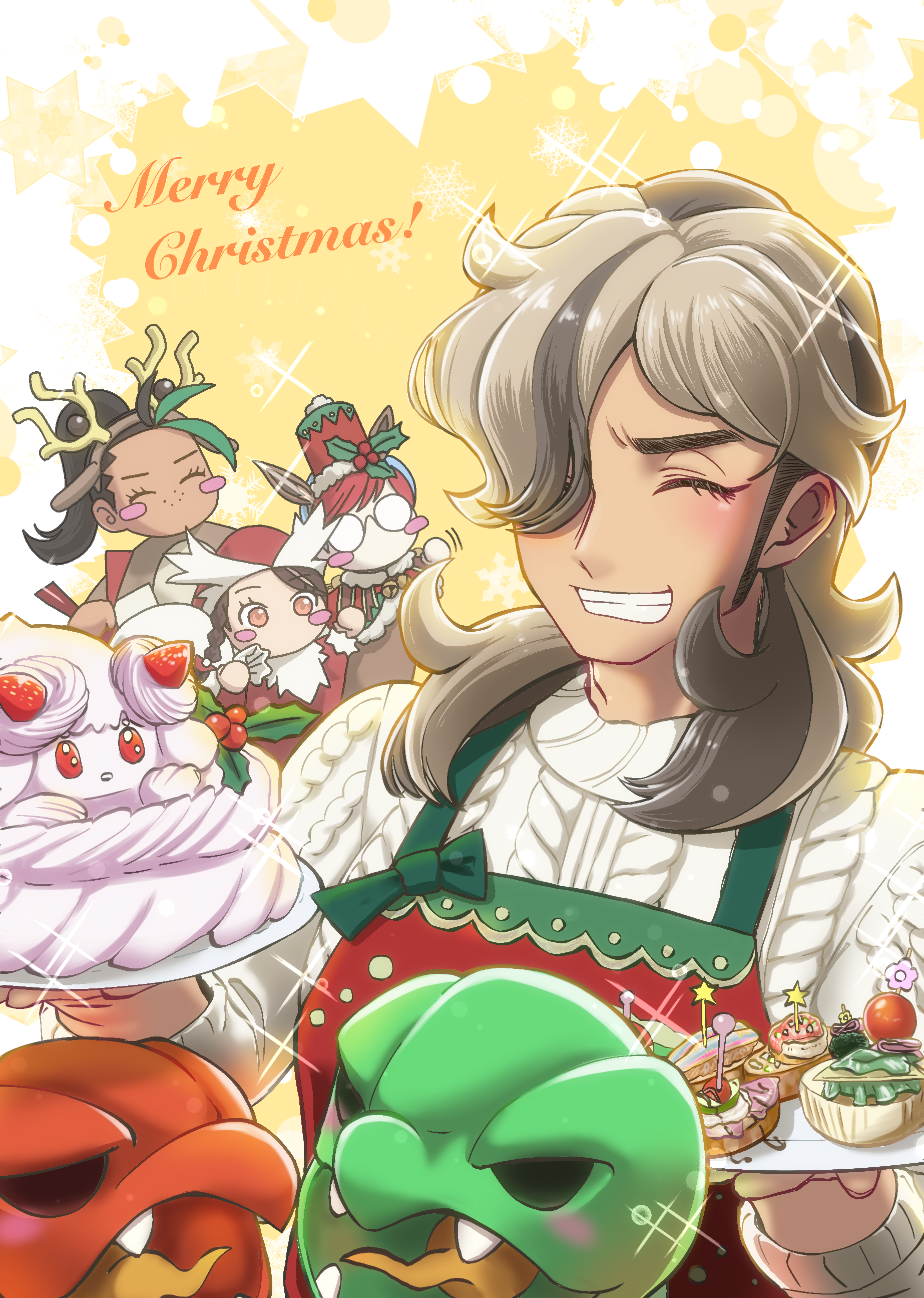 aadakouda, alcremie, alcremie (strawberry sweet), arven (pokemon), juliana (pokemon), nemona (pokemon), penny (pokemon), scovillain, nintendo, pokemon, pokemon masters ex, pokemon sv, absurdres, commentary request, highres, 1boy, 3girls, animal ears, apron, arven (holiday 2025) (pokemon), black hair, blue hair, blush stickers, brown hair, chibi, closed eyes, fake animal ears, fake antlers, fake horns, food pick, freckles, gen 8 pokemon, green hair, hairband, horn hairband, horns, male focus, merry christmas, multicolored hair, multiple girls, red apron, red hair, round eyewear, sparkle, star (symbol), sweater, two-tone hair, white sweater