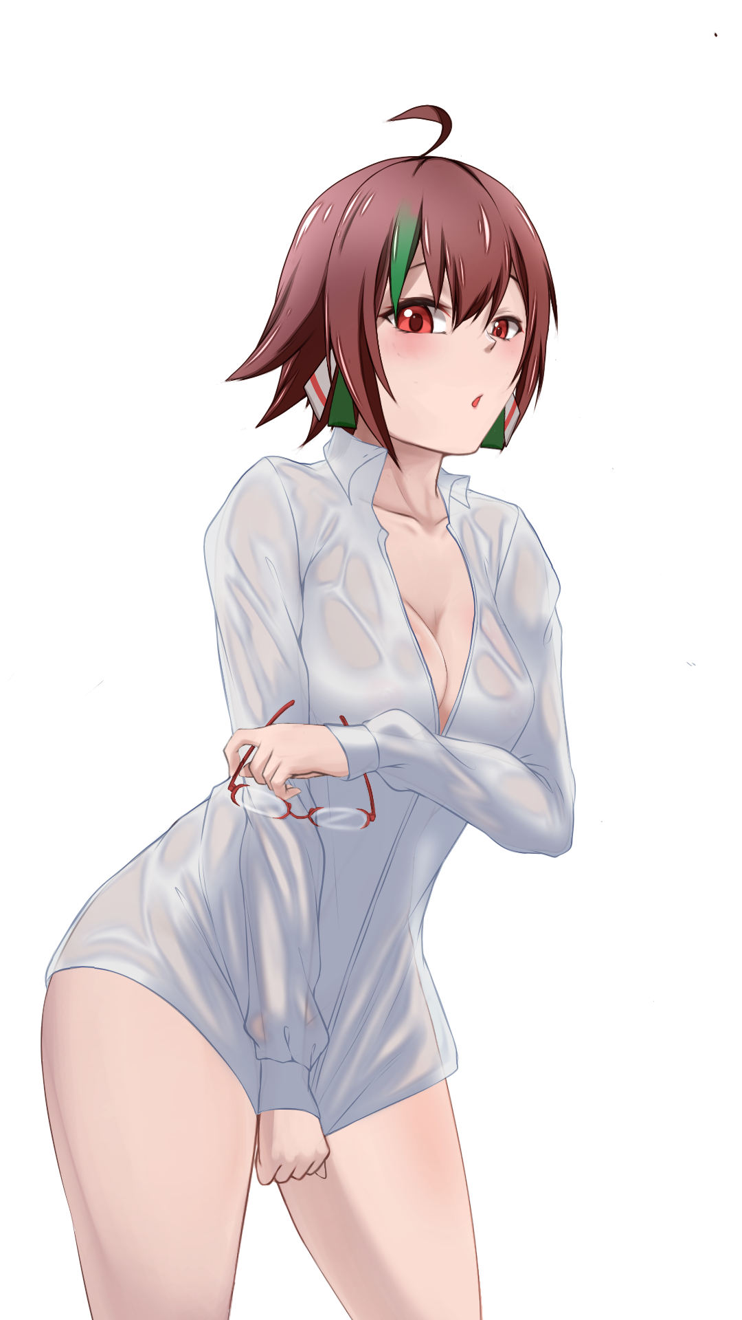 red ring rico, phantasy star, phantasy star online, bad source, highres, breasts, cleavage, orange hair, red eyes, see-through clothes, see-through shirt, shirt, short hair