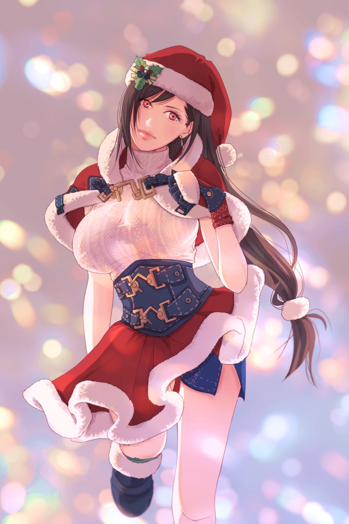 mixmomo yah, tifa lockhart, tifa lockhart (fairy of the holy flame), final fantasy, final fantasy vii, final fantasy vii: ever crisis, commentary request, highres, 1girl, black boots, black hair, blurry, blurry background, boots, breasts, capelet, christmas, christmas lights, closed mouth, denim, denim skirt, foot out of frame, fur-trimmed boots, fur-trimmed capelet, fur-trimmed gloves, fur-trimmed headwear, fur-trimmed skirt, fur trim, gloves, hat, hat ornament, head tilt, holly hat ornament, large breasts, leg up, light particles, lips, long hair, looking at viewer, low-tied long hair, miniskirt, official alternate costume, pink lips, pom pom (clothes), red eyes, red gloves, red hat, red skirt, santa costume, santa hat, skirt, solo, standing, standing on one leg, sweater, turtleneck, turtleneck sweater, white sweater