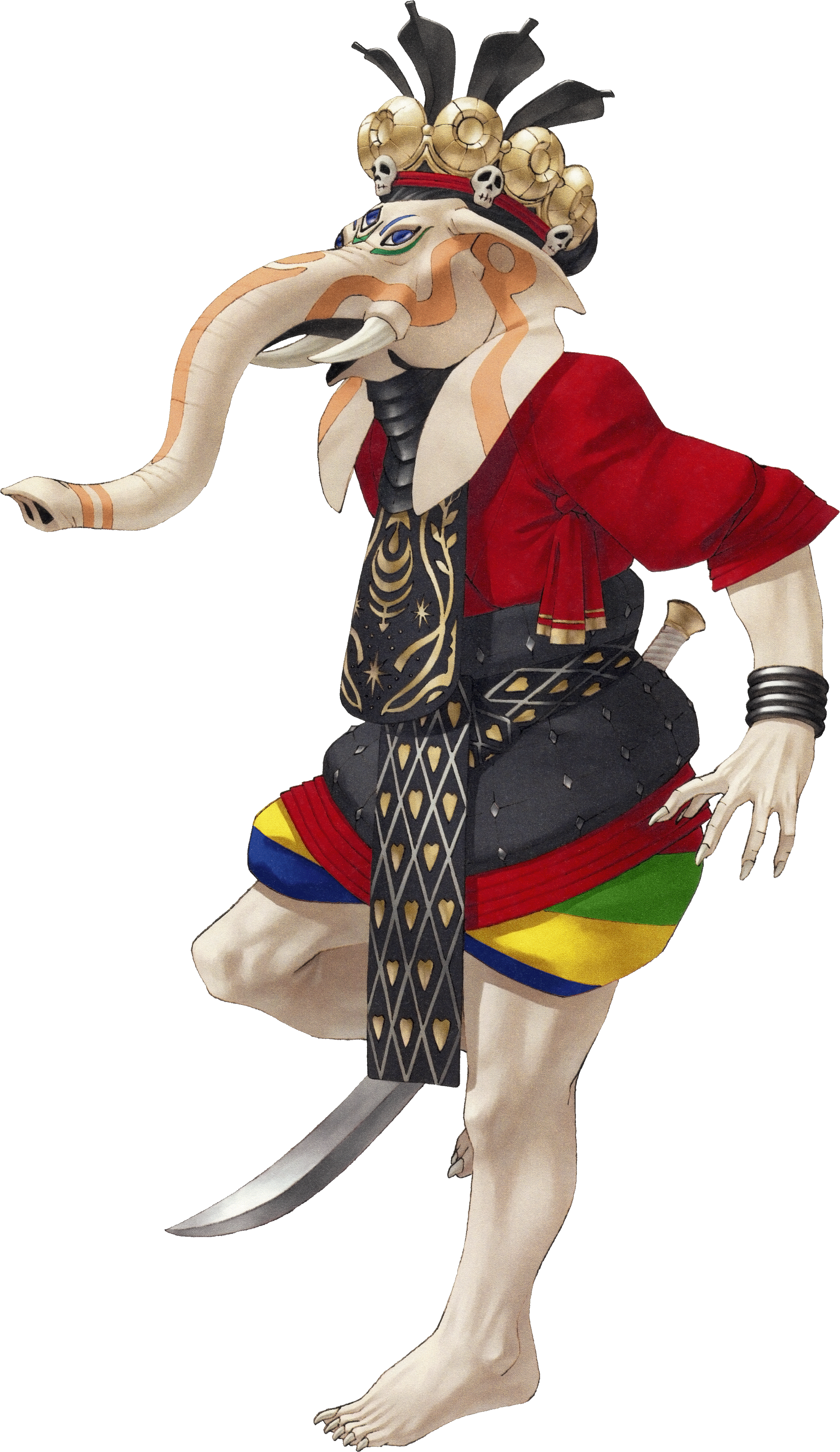 kazuma kaneko, shin megami tensei, shin megami tensei iii: nocturne, absurdres, highres, official art, third-party source, 1boy, blue eyes, bracelet, demon (megami tensei), elephant boy, extra eyes, jewelry, purski (megami tensei), solo, sword, third eye, transparent background, tusks, weapon