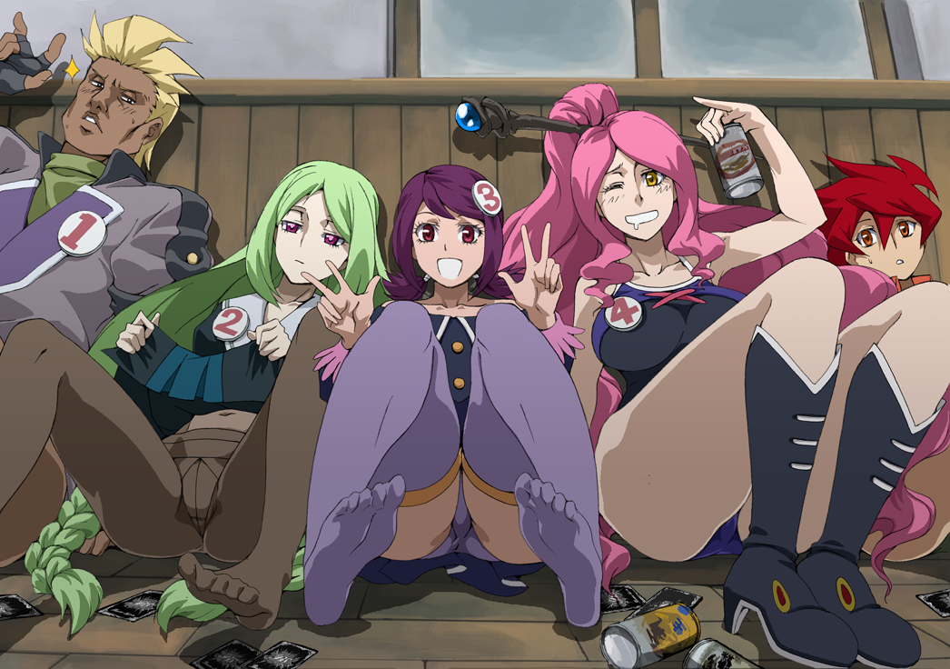jaga note, bashin dan, krakki ray, magisa, momose kajitsu, viole mai, battle spirits, battle spirits: shounen gekiha dan, bad id, bad pixiv id, 2boys, 3girls, alcohol, beer, blonde hair, blue eyes, boots, braid, breasts, can, card, clothes lift, dark skin, drink, everyone, feet, fingerless gloves, gloves, green hair, hair ornament, high heels, large breasts, lineup, long hair, multiple boys, multiple girls, navel, one-piece swimsuit, one eye closed, panties, panties under pantyhose, pantyhose, pantyshot, pinky out, ponytail, purple eyes, purple hair, purple panties, purple thighhighs, red eyes, red hair, saliva, school uniform, shoes, short hair, sitting, skirt, skirt lift, smile, swimsuit, thighhighs, thighs, twin braids, underwear, v, very long hair, wink