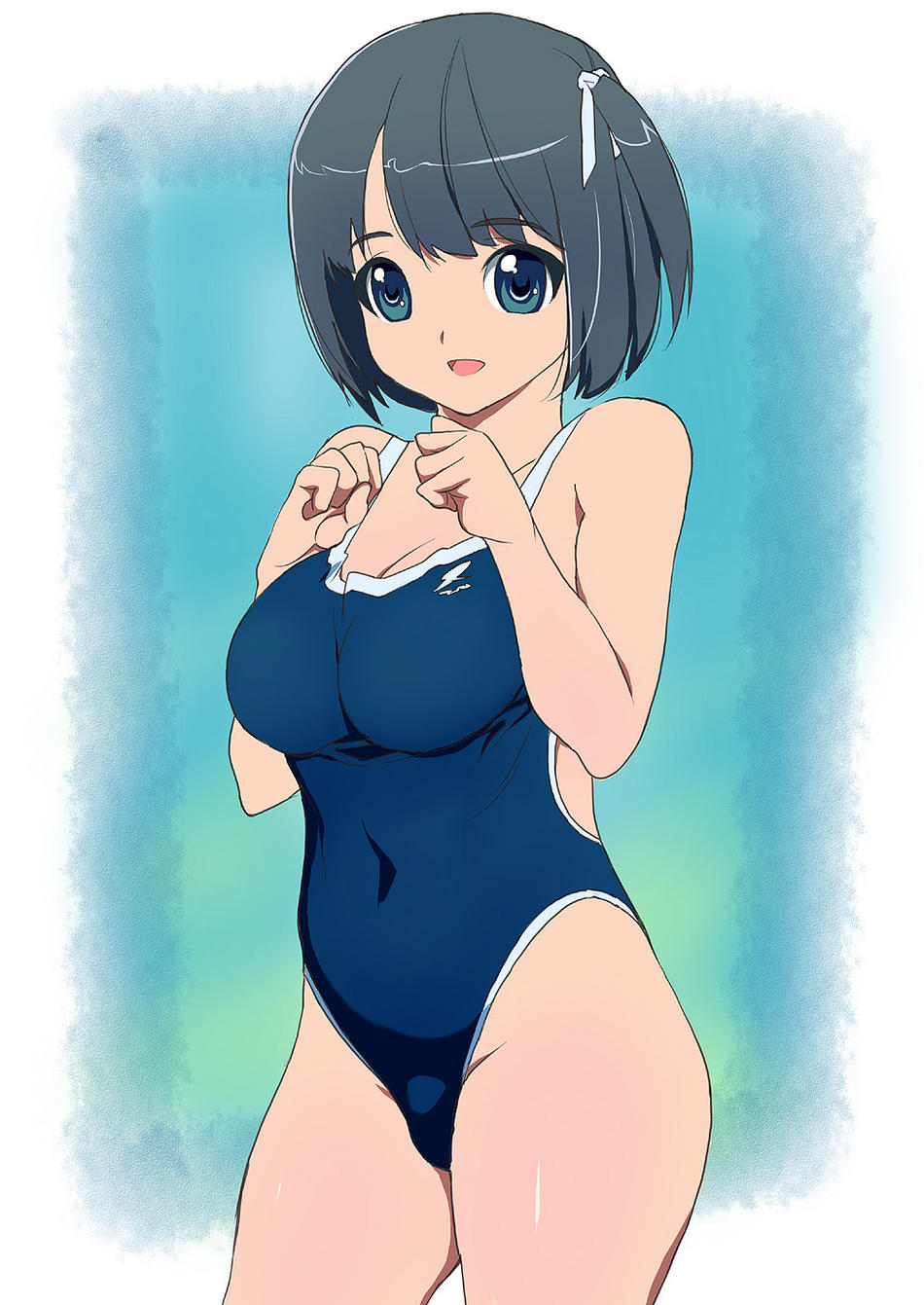 highres, tagme, black hair, blue eyes, breasts, cleavage, hair ribbon, ribbon, smile, swimsuit