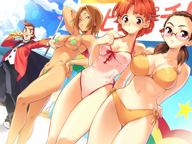 artist request, character request, 3girls, arm behind head, arms behind back, bikini, blonde hair, blue eyes, blush, breasts, brown eyes, brown hair, cleavage, competition, facial hair, glasses, green one-piece swimsuit, hand on own hip, hip focus, huge breasts, micro bikini, mullet, multiple girls, mustache, one-piece swimsuit, orange hair, pink one-piece swimsuit, public indecency, short hair, shy, side-tie bikini bottom, smile, sun, swimsuit, tan, yellow one-piece swimsuit