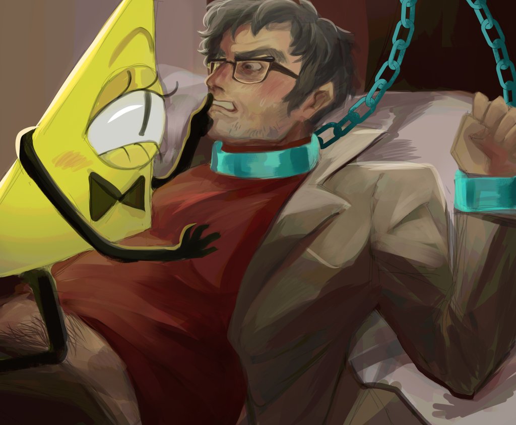 n0cturnalcm, bill cipher, ford pines, gravity falls, commentary, english commentary, 1boy, 1other, angry, bags under eyes, bed, black eyes, blush, bow, bowtie, chain, clenched teeth, coat, cowboy shot, cuffs, furrowed brow, glasses, grey hair, implied rape, looking at another, male focus, mullet, one-eyed, pubic hair, red shirt, shackles, shirt, shushing another, sideburns, slit pupils, teeth, yellow coat