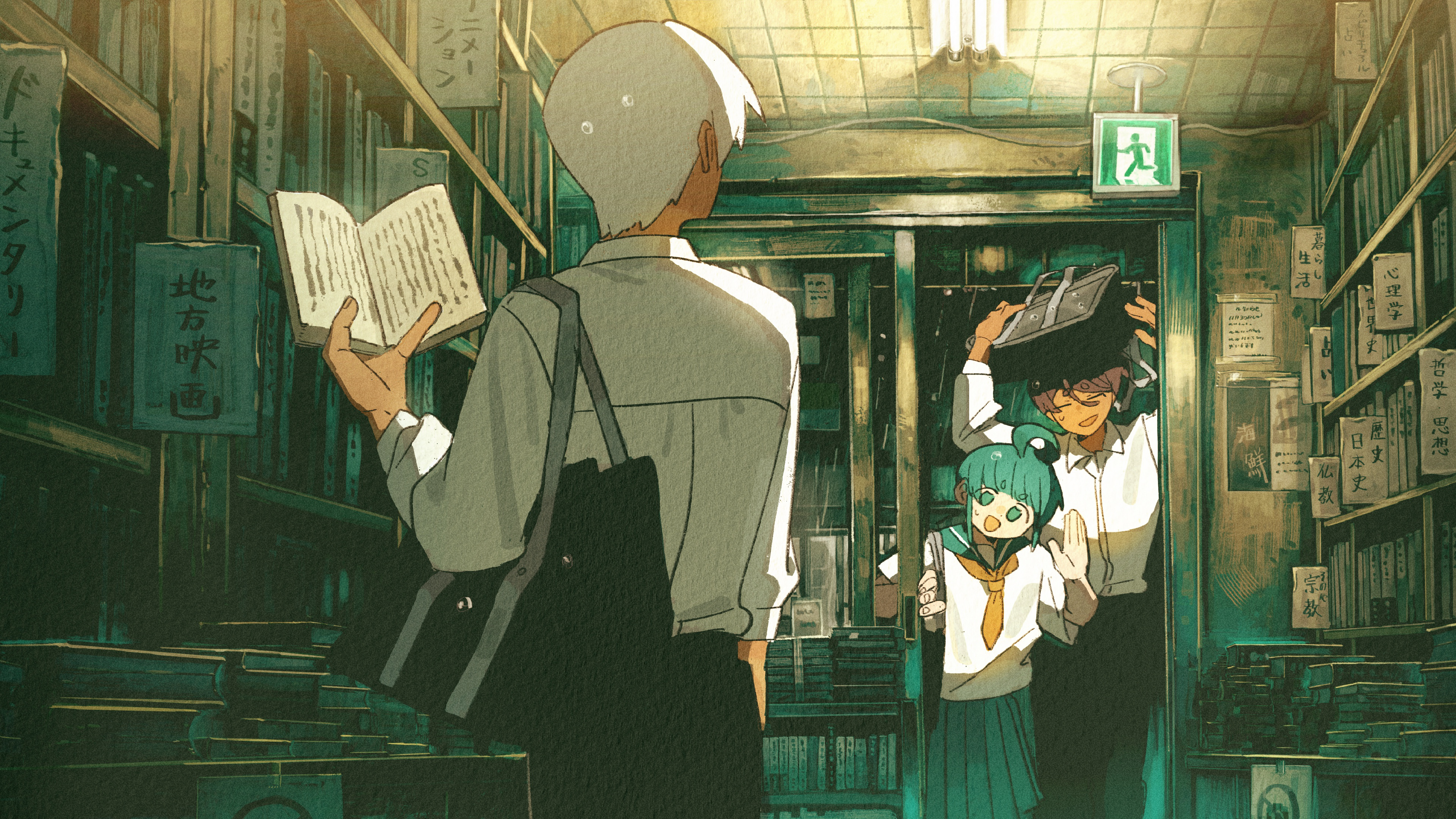 jimini shijimi, original, absurdres, commentary, english commentary, highres, 1girl, 2girls, ahoge, ahoge girl (jimini shijimi), aqua eyes, aqua hair, aqua sailor collar, aqua skirt, arm at side, bag, bag over head, black hair, black pants, book, bookshelf, collared shirt, glass door, hand up, hands up, holding, holding bag, holding book, indoors, library, multiple girls, neckerchief, no humans, open book, open mouth, orange neckerchief, pants, pile of books, pleated skirt, sailor collar, school bag, school uniform, serafuku, shirt, short hair, short sleeves, shoulder bag, skirt, slice of life, sliding doors, standing, very short hair, waving, white-haired man (jimini shijimi), white shirt, wing collar