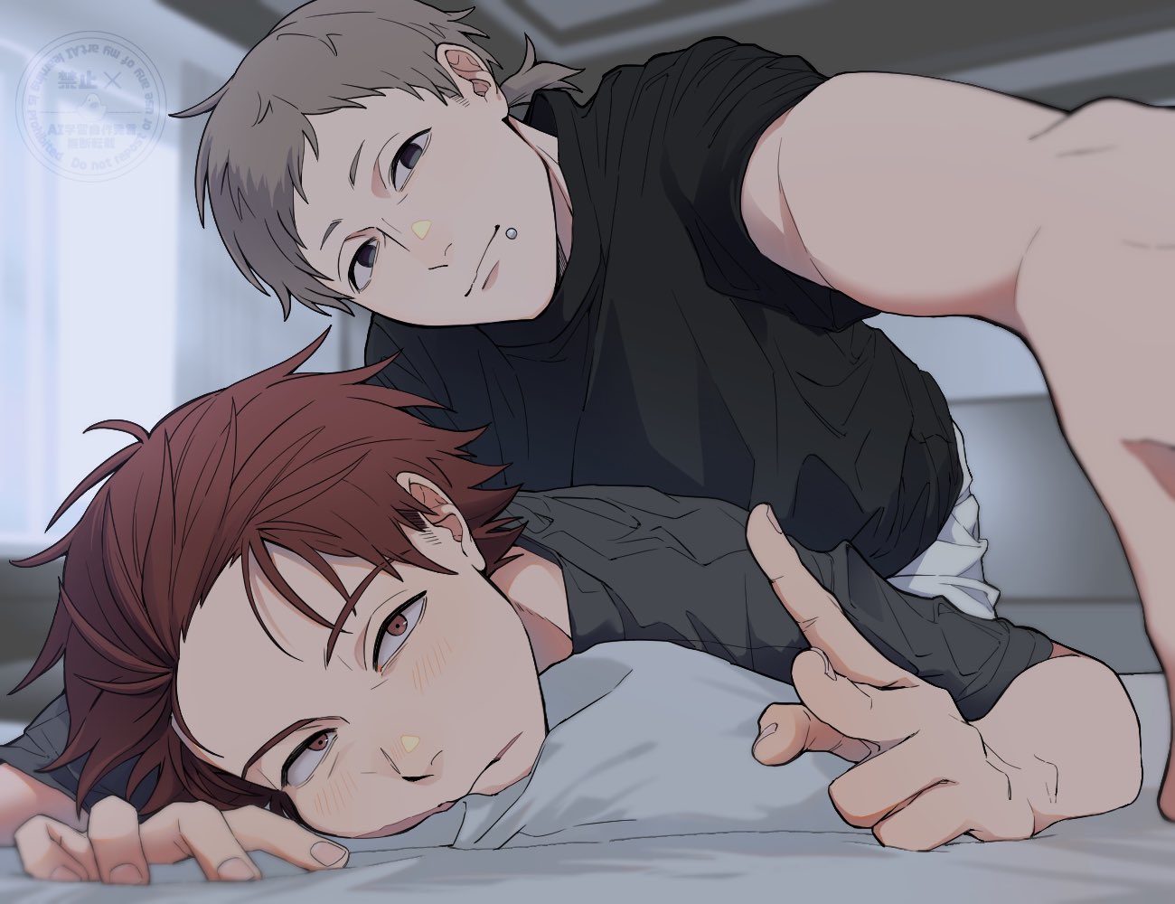 character request, commentary request, copyright request, 2boys, black shirt, blush, closed mouth, face piercing, fingernails, grey eyes, grey hair, indoors, lip piercing, lying, male focus, multiple boys, okiba0, on stomach, piercing, selfie, shirt, short eyebrows, short hair, v, watermark