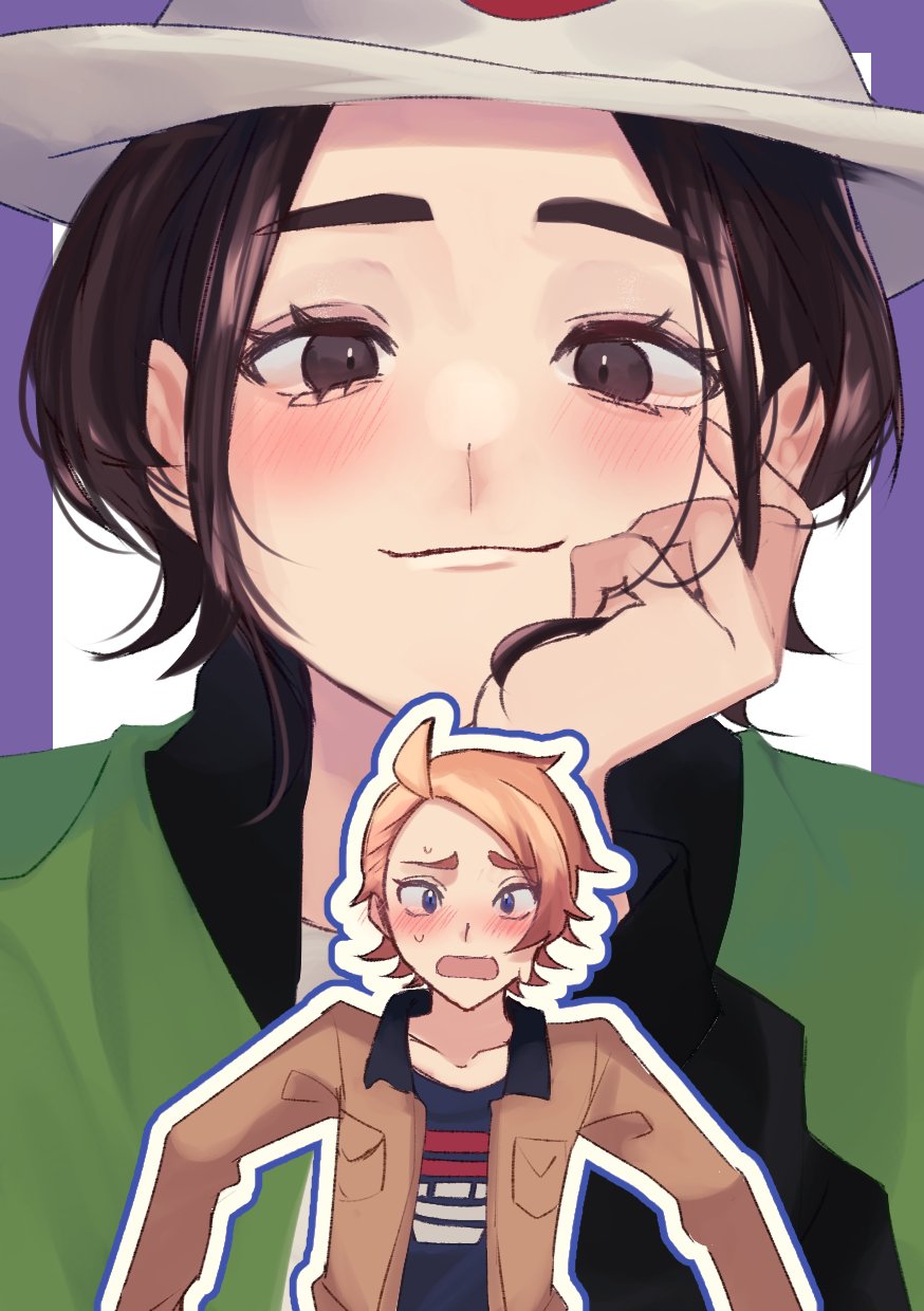 harmony (pokemon), urbain (pokemon), nintendo, pokemon, pokemon legends: z-a, commentary request, highres, 1boy, 1girl, ahoge, b4n ette0, black eyes, black hair, blonde hair, blue eyes, blue shirt, blush, breast pocket, brown jacket, doujinshi cover trope (trend), flipped hair, flustered, green jacket, hand on own face, hat, head rest, hetero, jacket, open mouth, parted bangs, pocket, projected inset, raised inner eyebrows, shirt, short hair, smile, upper body, white hat, wolf cut