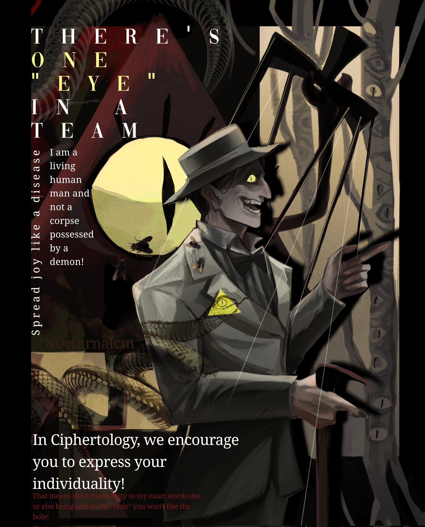 n0cturnalcm, bill cipher, gravity falls, commentary, english commentary, highres, 1boy, :d, ad (object), birch tree, black hair, bug, cane, coat, cover, drop shadow, eye print, fedora, fly, glowing, glowing eyes, grey coat, hat, holding, holding cane, insect, magazine cover, male focus, multiple views, open clothes, open coat, open mouth, partially shaded face, personification, slit pupils, smile, snake print, tree