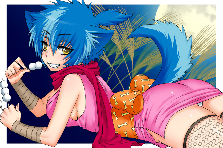 zantou, original, bad id, bad pixiv id, 1girl, animal ears, ass, bandages, blue hair, bone, bow, breasts, dango, dog ears, dog tail, eating, fang, female focus, fingernails, fishnet thighhighs, fishnets, food, full moon, grin, holding, japanese clothes, kimono, large breasts, long fingernails, looking at viewer, looking back, lying, moon, night, ninja, obi, on stomach, outdoors, panties, pantyshot, sash, scarf, short hair, short kimono, side slit, sideboob, sky, smile, solo, tail, thighhighs, underwear, upskirt, wagashi, wheat, white panties, yellow eyes
