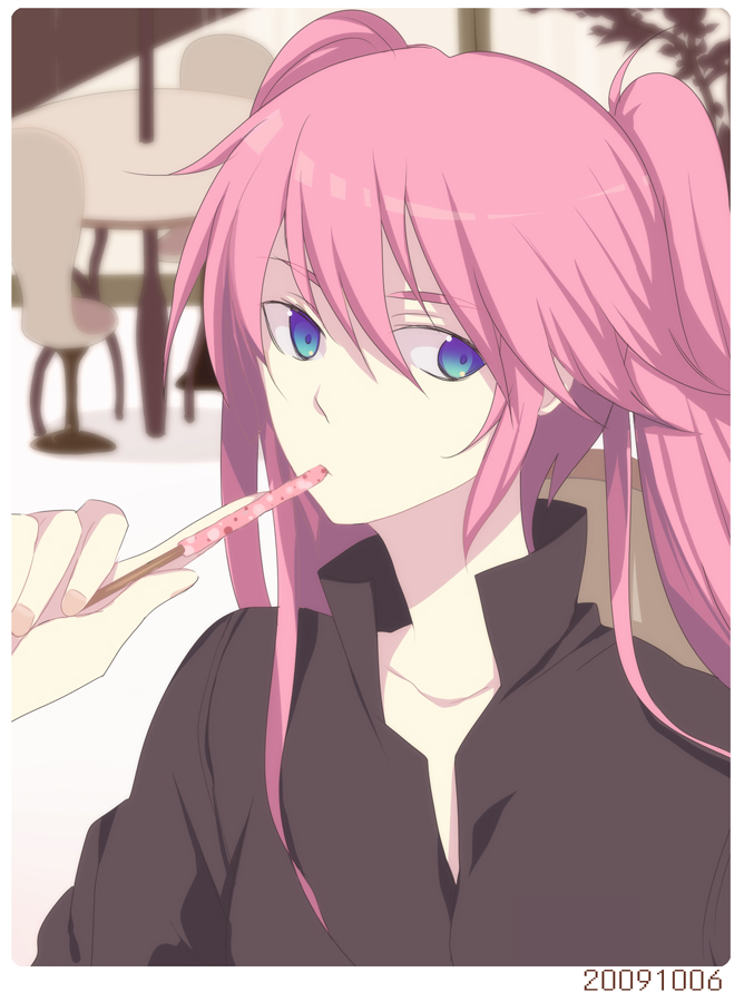 harano, original, bad id, bad pixiv id, 1girl, blue eyes, blurry, chair, depth of field, eating, female focus, food, long hair, pink hair, pocky, pocky strawberry, solo, table, twintails, upper body