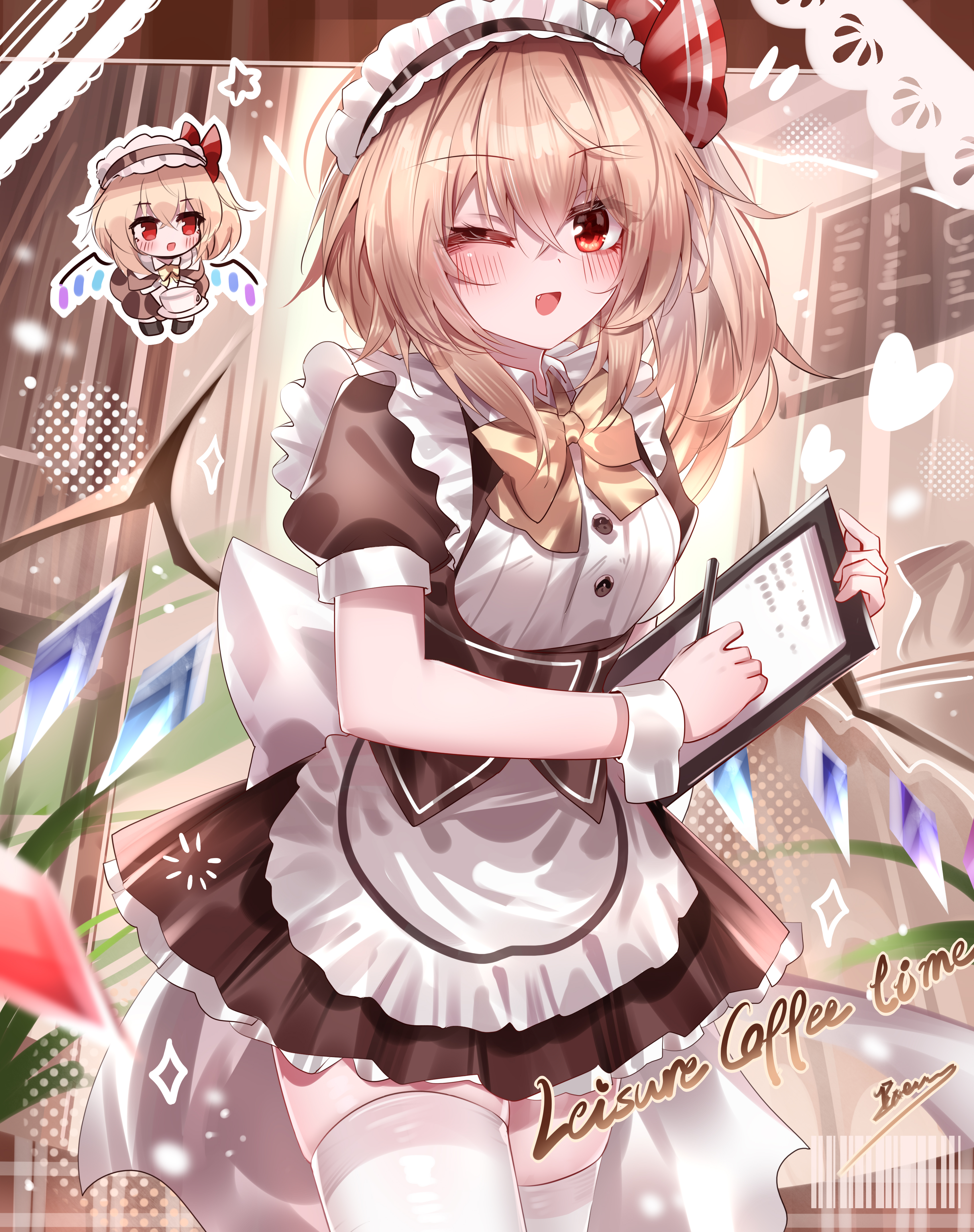 top-exerou, flandre scarlet, touhou, absurdres, chinese commentary, commentary request, highres, 1girl, alternate costume, apron, blonde hair, blush, bow, bowtie, brown skirt, chibi, chibi inset, crystal, crystal wings, english text, enmaided, hair ribbon, heart, holding, looking at viewer, maid, maid headdress, multicolored wings, one eye closed, one side up, open mouth, puffy short sleeves, puffy sleeves, red eyes, red ribbon, ribbon, short sleeves, signature, skirt, smile, thighhighs, waist apron, white apron, white thighhighs, wings, wrist cuffs, yellow bow, yellow bowtie