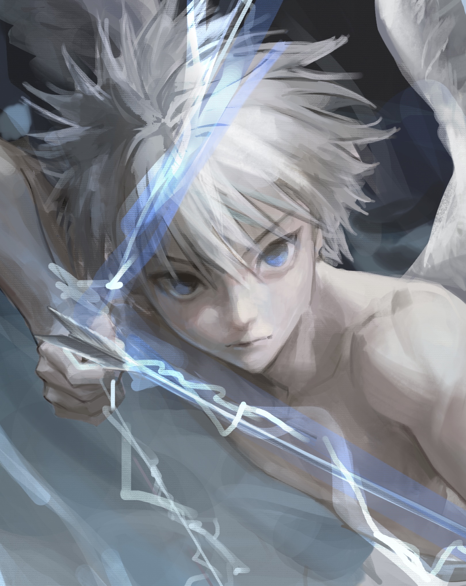 killua zoldyck, hunter x hunter, commentary request, highres, korean commentary, 1boy, blue eyes, bow (weapon), closed mouth, holding, holding bow (weapon), holding weapon, kimgyunyu, male focus, nude, short hair, solo, upper body, v-shaped eyebrows, weapon, white hair, wings
