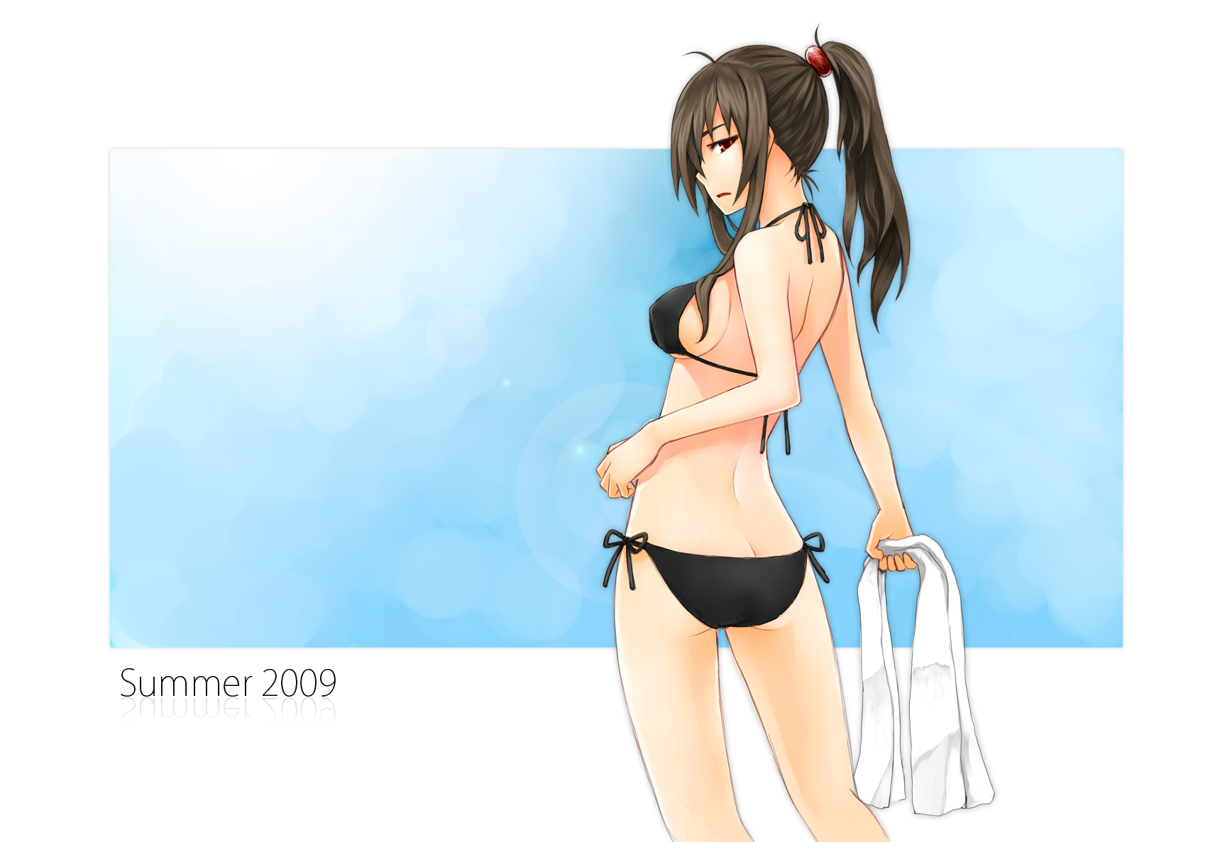 h (158cm), original, highres, 00s, 1girl, 2009, ass, back, bikini, black bikini, black hair, breasts, butt crack, female focus, long hair, looking at viewer, looking back, ponytail, red eyes, side-tie bikini bottom, sideboob, solo, swimsuit, towel, underboob