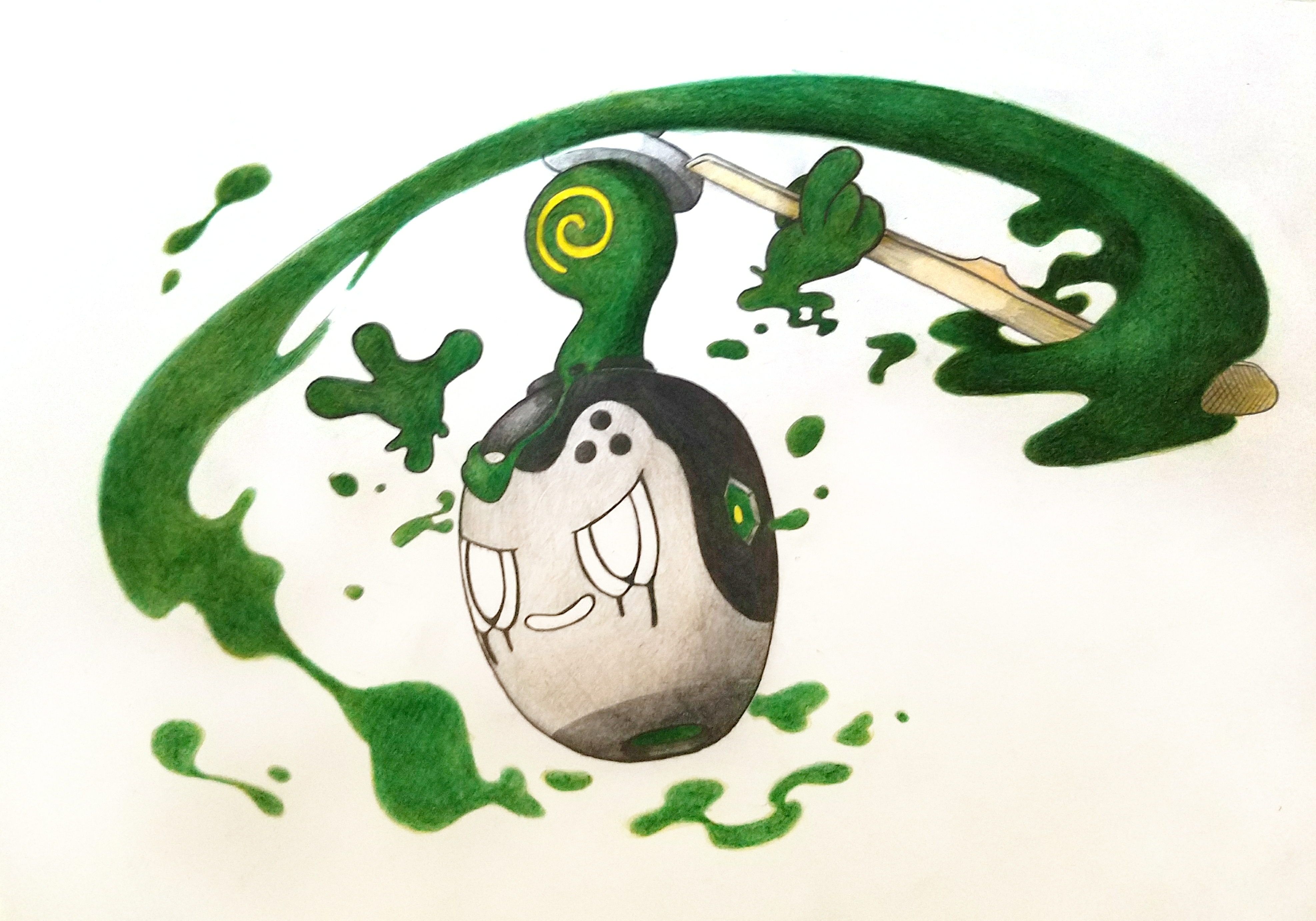 bake monochrome, poltchageist, nintendo, pokemon, absurdres, colored pencil (medium), commentary request, highres, traditional media, full body, holding, matcha (food), no humans, pokemon (creature), pokemon focus, simple background, smile, solo, white background, white eyes