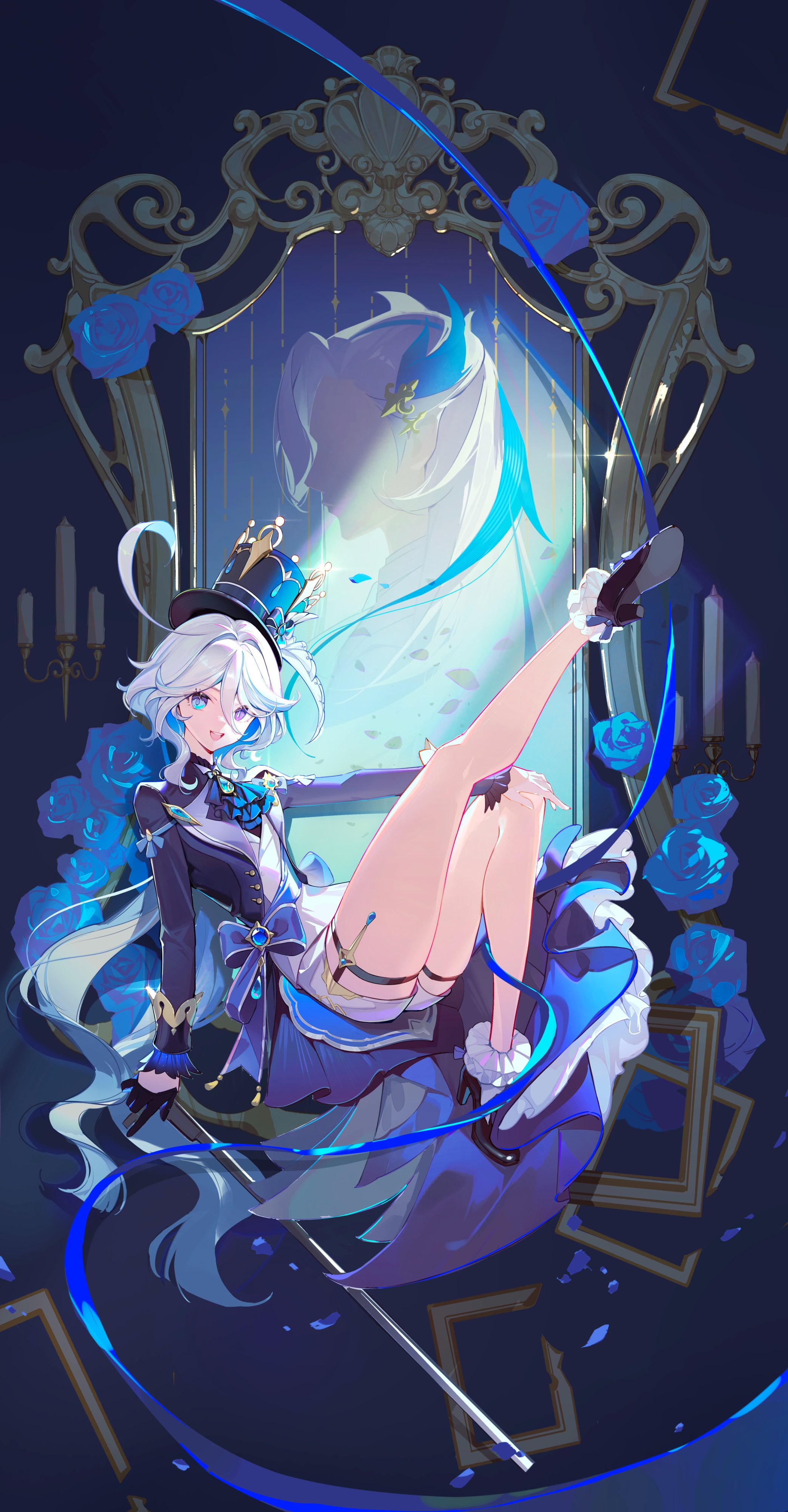 shanwenyufan, furina (genshin impact), neuvillette (genshin impact), genshin impact, absurdres, chinese commentary, commentary request, highres, 1girl, ahoge, ascot, bare legs, black boots, black gloves, blue ascot, blue background, blue bow, blue eyes, blue flower, blue gemstone, blue hair, blue hat, blue rose, blue theme, boots, bow, brooch, buttons, coat, collared coat, colored inner hair, contrast lapels, different reflection, dot nose, eyelashes, flower, frilled anklet, frilled sleeves, frills, full body, gem, gloves, hair between eyes, hair intakes, half gloves, hand on own knee, happy, hat, hat feather, heterochromia, high heel boots, high heels, holster, huge ahoge, jewelry, knee up, lapels, long hair, long hair between eyes, long sleeves, looking at viewer, low ponytail, mirror, multicolored hair, open mouth, outstretched leg, petals, picture frame, ponytail, purple coat, purple eyes, reflection, rose, rose petals, sidelocks, single glove, sitting, smile, socks, solo, streaked hair, thigh holster, thigh strap, top hat, two-tone hair, very long hair, vision (genshin impact), waist bow, wavy hair, white hair, white socks