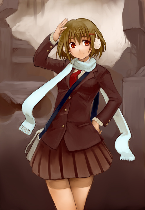 h (158cm), original, bag, earmuffs, green hair, hair ornament, hairclip, hand on own head, hand on own hip, necktie, red eyes, satchel, scarf, school uniform, short hair, skirt, solo