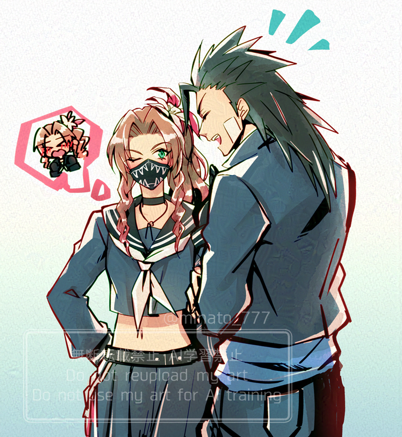 minato (ct 777), aerith gainsborough, zack fair, final fantasy, final fantasy vii, final fantasy vii: ever crisis, commentary request, > <, 1boy, 1girl, aerith gainsborough (midgard seventh high school), bandaid, bandaid on cheek, bandaid on face, black choker, black hair, black jacket, black sailor collar, black serafuku, black skirt, blue shirt, blush, brown hair, choker, closed mouth, couple, cowboy shot, cropped shirt, crossed arms, delinquent, drill hair, drill sidelocks, flower, from side, gakuran, gradient hair, green eyes, hair flower, hair ornament, hair ribbon, hetero, high ponytail, jacket, long hair, long sleeves, mask, midriff, mouth mask, multicolored hair, navel, neckerchief, notice lines, official alternate costume, one eye closed, open mouth, parted bangs, ponytail, profile, ribbon, sailor collar, school uniform, serafuku, shirt, sidelocks, skirt, speech bubble, spiked hair, straight-on, sukeban, thought bubble, wallet chain, white neckerchief, zack fair (midgard seventh high school)