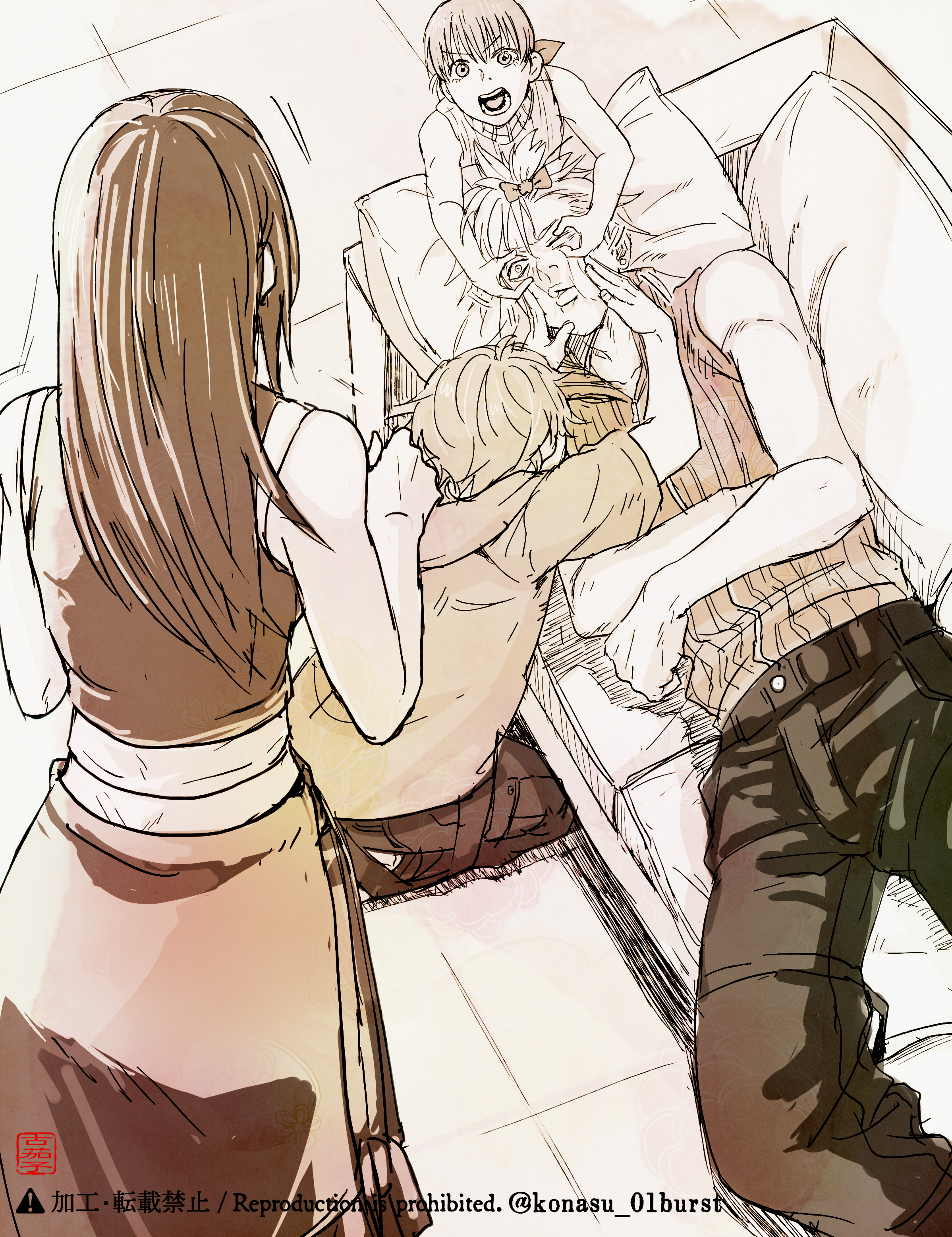 konasu (01burst), cloud strife, denzel (ff7), marlene wallace, tifa lockhart, final fantasy, final fantasy vii, final fantasy vii: advent children, absurdres, commentary request, highres, 2boys, 2girls, apron, bare arms, bare shoulders, black pants, bow, couch, from above, from behind, hair bow, hair ribbon, hands on another's cheeks, hands on another's face, indoors, kneeling, long hair, looking at another, lying, monochrome, multiple boys, multiple girls, on back, on couch, open mouth, pants, pillow, ribbed shirt, ribbon, shirt, short hair, sleeping, sleeveless, sleeveless shirt, spiked hair, squeezing cheeks, standing, waist apron