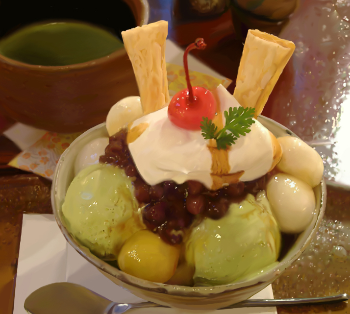 granada (guranada), original, bad id, bad pixiv id, cherry, cup, disposable cup, disposable ice cream cup, food, food focus, fruit, ice cream, no humans, parfait, parsley, pastry, photorealistic, realistic, spoon, still life, teacup, whipped cream