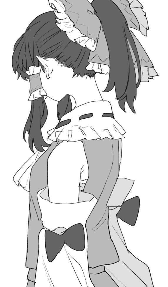 mero (starfish jcs), hakurei reimu, touhou, commentary request, 1girl, ascot, bow, detached sleeves, frilled bow, frilled hair tubes, frills, greyscale, hair bow, hair tubes, long hair, monochrome, ponytail, skirt, solo