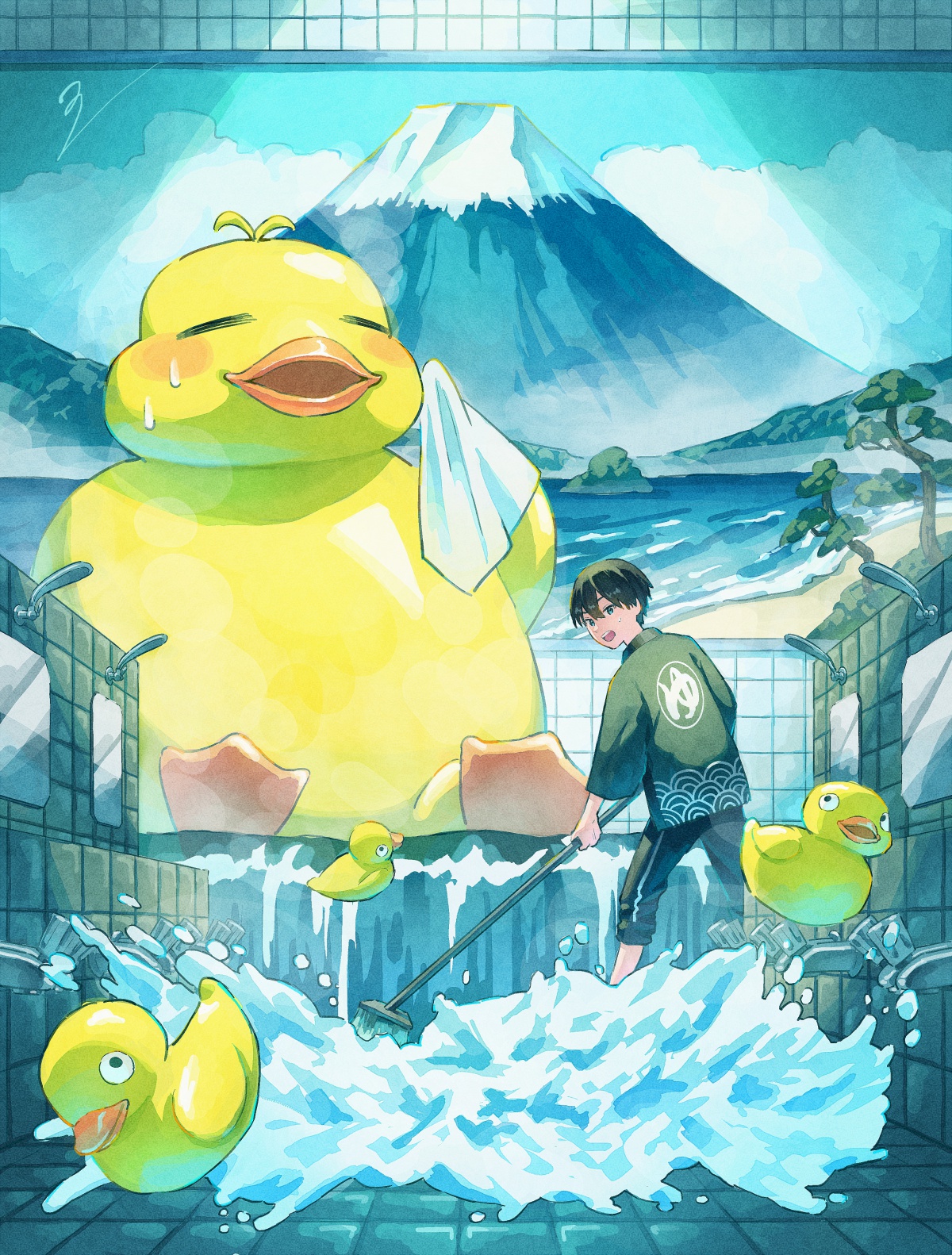 ito yoshi, original, commentary request, highres, 1boy, = =, black hair, black pants, black shirt, broom, from behind, full body, holding, holding broom, indoors, looking back, male focus, mount fuji, open mouth, overflowing, oversized object, pants, picture frame, rubber duck, shirt, short hair, signature, standing, surprised, sweat, three-quarter sleeves, tile floor, tile wall, tiles, towel, very short hair, water