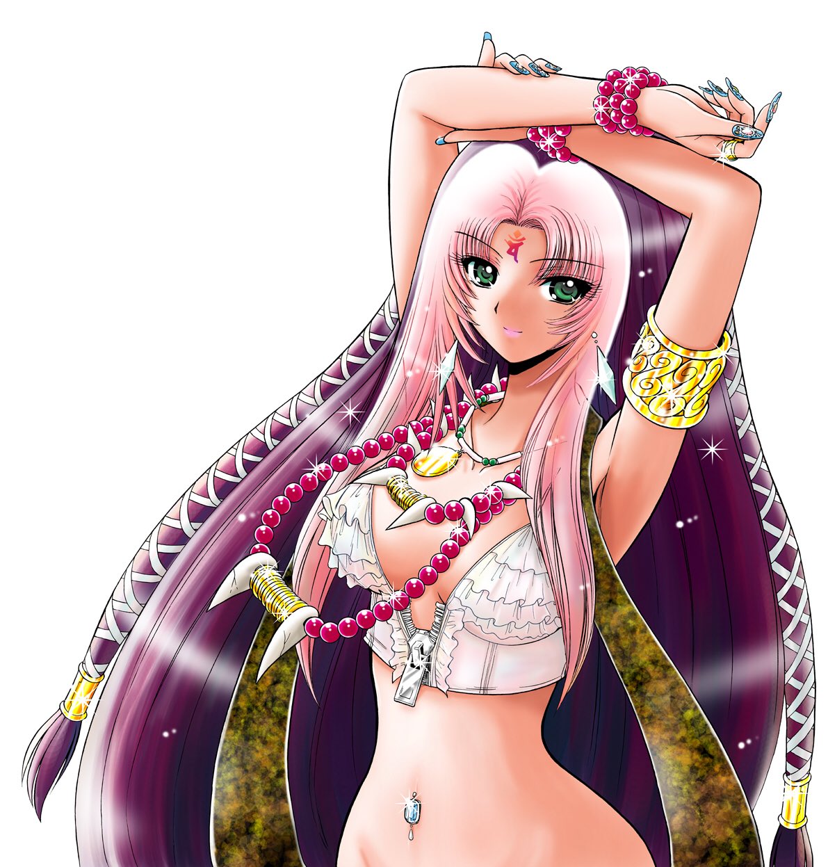 okano takeshi, hazuki izuna, reibaishi izuna, gold armlet, commentary request, highres, official art, 1girl, armlet, arms up, blue nails, bracelet, breasts, cleavage, cowboy shot, crop top, earrings, facial mark, fingernails, forehead mark, frilled shirt, frills, glint, green eyes, hair ornament, hair tubes, hand on own arm, jewelry, lipstick, long fingernails, long hair, looking at viewer, makeup, medium breasts, multicolored hair, nail polish, navel, navel piercing, necklace, partially unzipped, pearl bracelet, piercing, pink hair, pink lips, purple hair, shirt, simple background, sleeveless, sleeveless shirt, solo, stole, two-tone hair, very long hair, white background, white shirt, x hair ornament, zipper, zipper pull tab