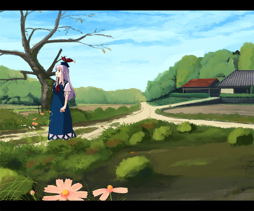 takuzui, kamishirasawa keine, touhou, 1girl, bare tree, blue hat, day, female focus, flower, from side, hat, house, letterboxed, looking up, neckerchief, outdoors, red neckerchief, road, scenery, sky, solo, standing, tree