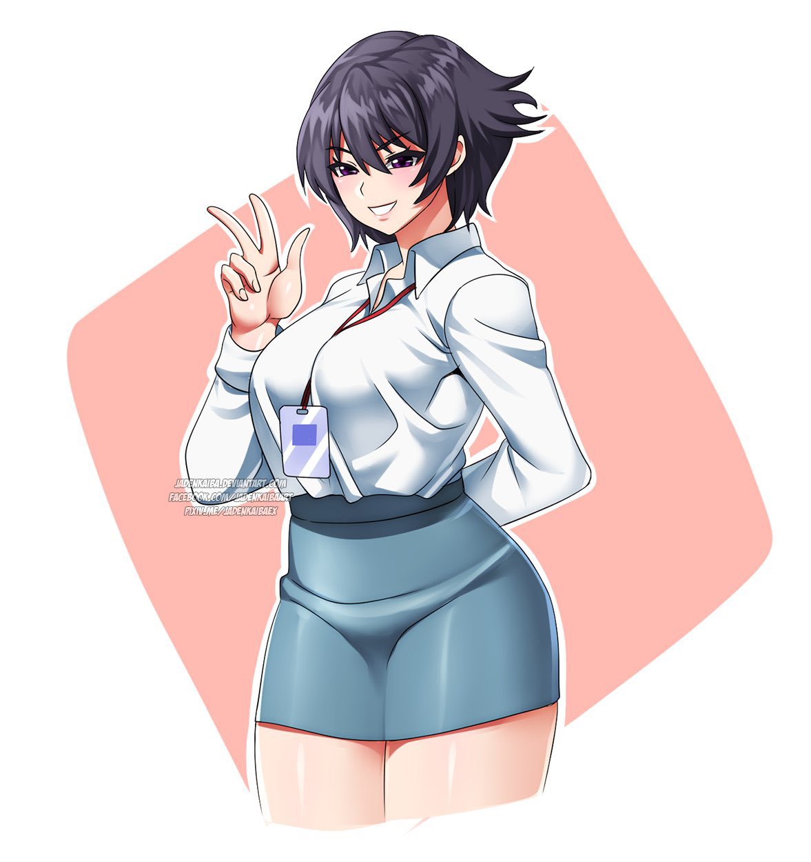 jadenkaiba, original, commentary, english commentary, highres, second-party source, 1girl, anna ayasaki, arm behind back, black hair, blue skirt, borrowed character, breasts, choppy bangs, collared shirt, cropped legs, hair between eyes, hand up, id card, lanyard, large breasts, long sleeves, looking at viewer, miniskirt, purple eyes, shirt, shirt tucked in, short hair, skirt, smile, solo, w, watermark, white shirt