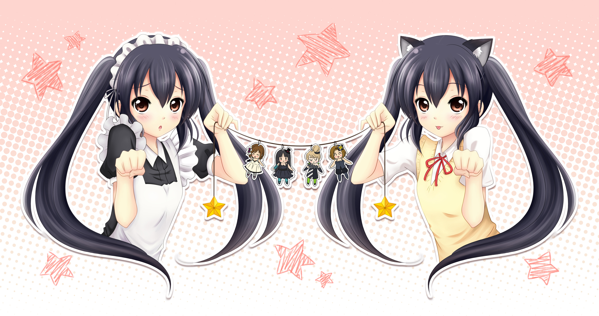 mizumohikari, akiyama mio, hirasawa yui, kotobuki tsumugi, nakano azusa, tainaka ritsu, k-on!, highres, 00s, 5girls, :p, alternate costume, animal ears, apron, blush, brown eyes, cat ears, clone, dual persona, enmaided, frills, hair ribbon, ho-kago tea time, holding, long hair, maid, maid apron, maid headdress, multiple girls, neck ribbon, paw pose, ribbon, star (symbol), tongue, tongue out, twintails, very long hair