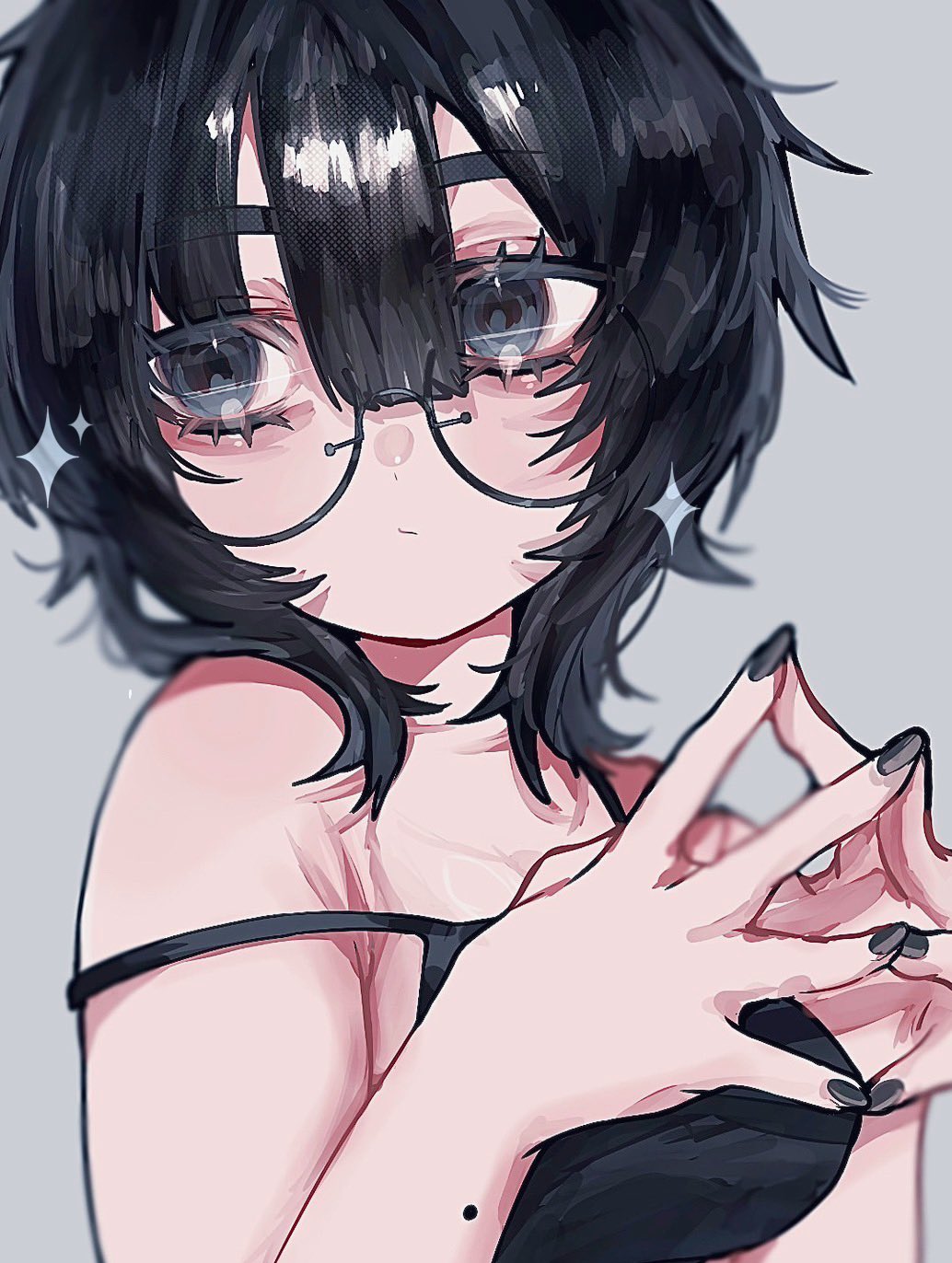 oubaisameko 181, original, commentary, hashtag-only commentary, highres, 1girl, bare shoulders, black camisole, black eyes, black hair, black nails, breasts, camisole, eyelashes, glasses, grey background, hair between eyes, medium breasts, medium hair, messy hair, mole, mole on arm, nail polish, sideways glance, solo, steepled fingers, strap slip, thick eyebrows, wolf cut