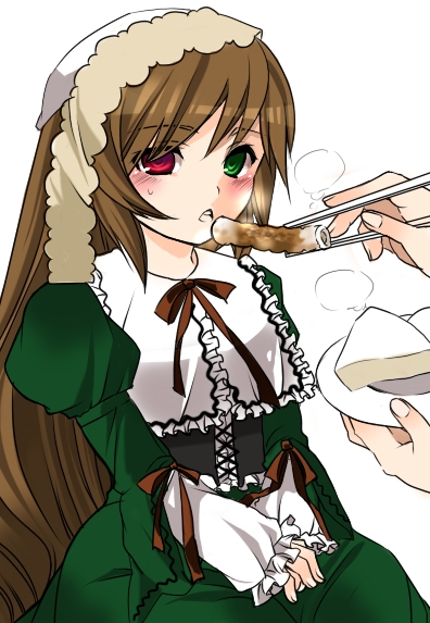 n-mix, suiseiseki, rozen maiden, 00s, 1girl, brown hair, chikuwa, eating, food, headscarf, heterochromia, long hair, solo focus, very long hair, white headscarf