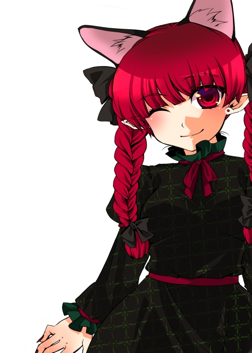 n-mix, kaenbyou rin, touhou, 1girl, animal ears, cat ears, cat girl, female focus, one eye closed, red hair, simple background, solo, standing, white background, wink