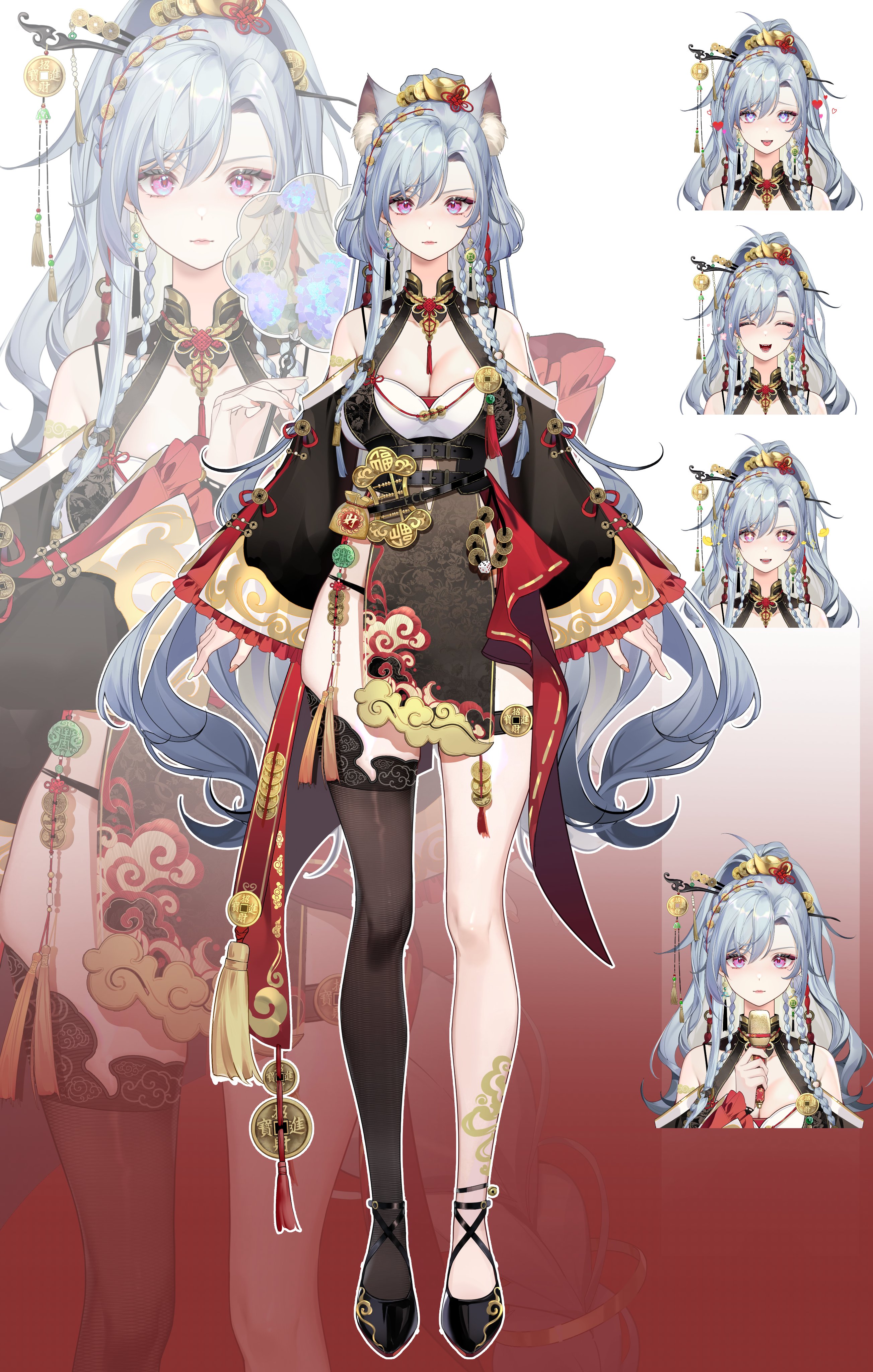 shanwenyufan, original, absurdres, chinese commentary, commentary request, highres, 1girl, ^ ^, animal ear fluff, animal ears, asymmetrical bangs, bare shoulders, beads, black bag, black dress, black shoes, blue hair, braid, breasts, chinese clothes, cleavage, closed eyes, closed mouth, clothing cutout, cloud print, coattails, coin, collarbone, collared shirt, cropped torso, dot nose, dress, expressionless, eyelashes, fingernails, fox ears, frilled sleeves, frills, full body, gradient background, hair beads, hair between eyes, hair ornament, hand fan, happy, holding, holding fan, holding microphone, holed coin, large breasts, light blush, lipstick, long hair, long sleeves, looking at viewer, makeup, microphone, multiple braids, multiple expressions, open mouth, outline, pink lips, print dress, purple eyes, red background, red ribbon, reference sheet, ribbon, shirt, shoes, shoulder cutout, side braids, side slit, single thighhigh, sleeve ribbon, sleeves past wrists, smile, standing, straight-on, tassel, thighhighs, tuanshan, twin braids, two-tone background, very long hair, virtual youtuber, wavy hair, white background, white outline, wide sleeves, xiangyun, zoom layer