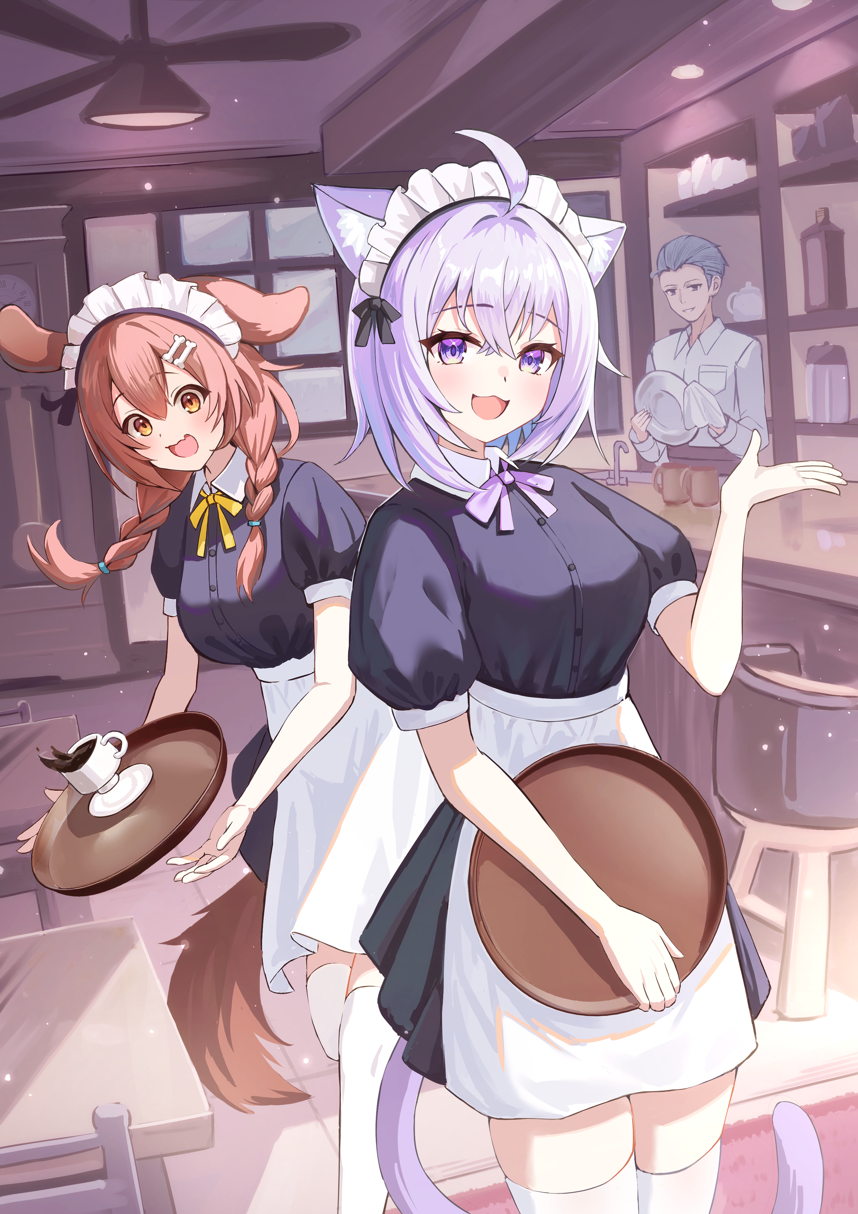 togemaru34, inugami korone, nekomata okayu, hololive, absurdres, commentary request, highres, 1other, 2girls, :3, ahoge, androgynous, animal ear fluff, animal ears, apron, black dress, bone hair ornament, braid, braided twintails, breasts, brown hair, cafe, cat ears, cat girl, cat tail, ceiling light, choppy bangs, cup, dog ears, dog girl, dog tail, double-parted bangs, dress, dropping, hair between eyes, hair ornament, hair over shoulder, hand up, holding, holding tray, indoors, long hair, looking at viewer, maid headdress, mug, multiple girls, neck ribbon, open mouth, orange eyes, plate, purple eyes, purple hair, purple ribbon, ribbon, short hair, short sleeves, spilling, standing, surprised, tail, tray, virtual youtuber, waist apron, waitress, white apron, yellow ribbon