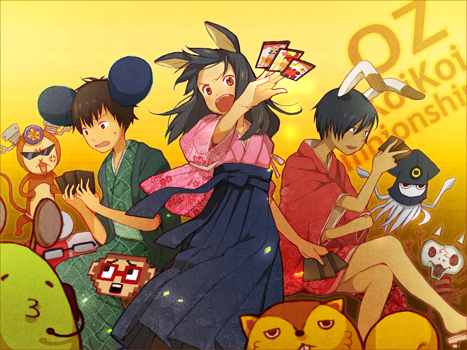 yuu (plasm), ikezawa kazuma, kari-kenji, king kazma, koiso kenji, shinohara natsuki, summer wars, 00s, 1girl, 2boys, animal ears, deer ears, fangs, foreshortening, hanafuda, japanese clothes, mouse ears, multiple boys, rabbit ears
