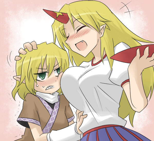 oro (zetsubou girl), hoshiguma yuugi, mizuhashi parsee, touhou, 2girls, blonde hair, blush, breast envy, breasts, fang, female focus, horns, long hair, multiple girls, pointy ears, short hair, single horn