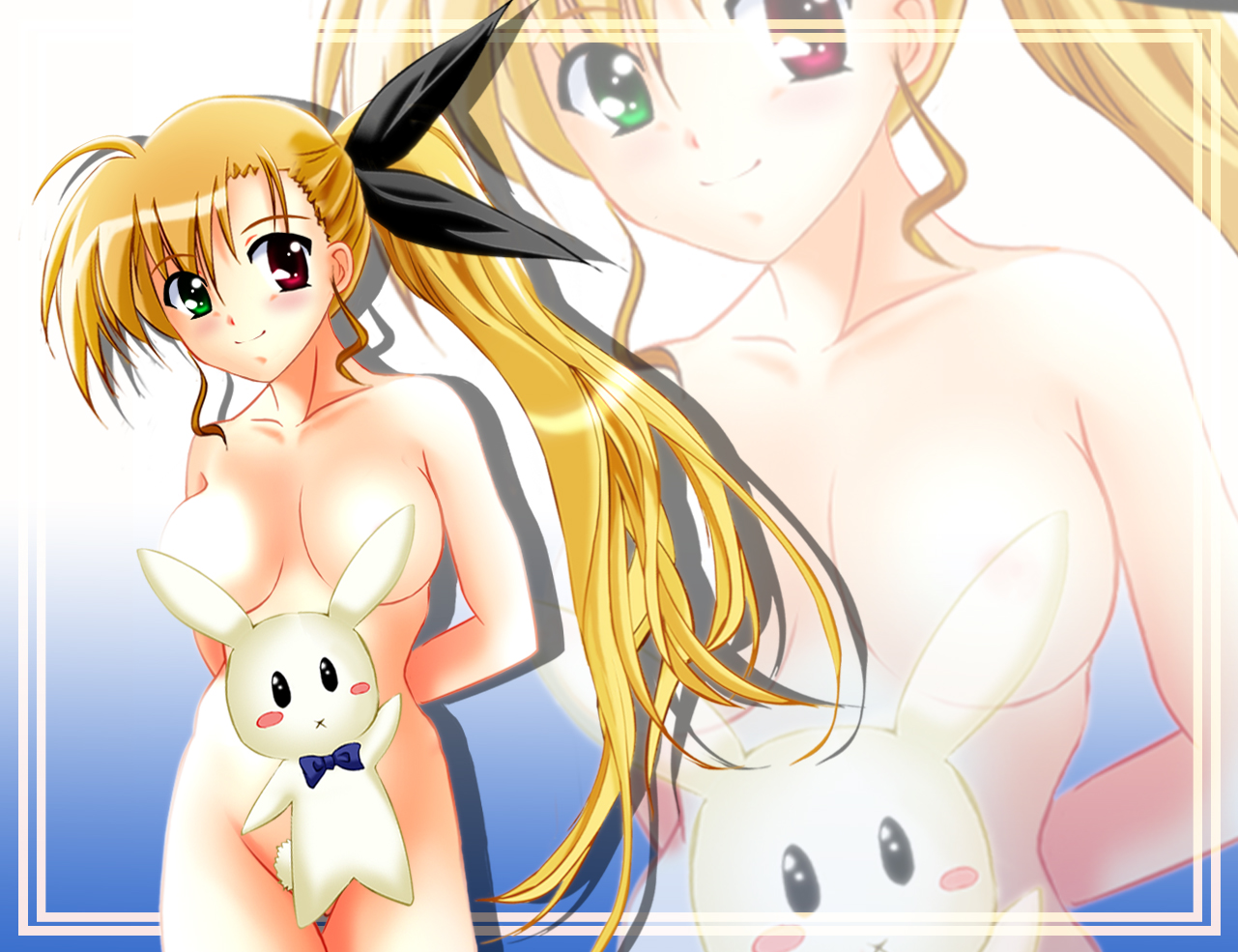 blackjunk, sacred heart, vivio, lyrical nanoha, mahou shoujo lyrical nanoha, mahou shoujo lyrical nanoha vivid, 10s, 1girl, aged up, blonde hair, blush, breasts, censored, convenient censoring, female focus, hair ribbon, heterochromia, large breasts, long hair, nude, ribbon, side ponytail, smile, solo, very long hair, zoom layer