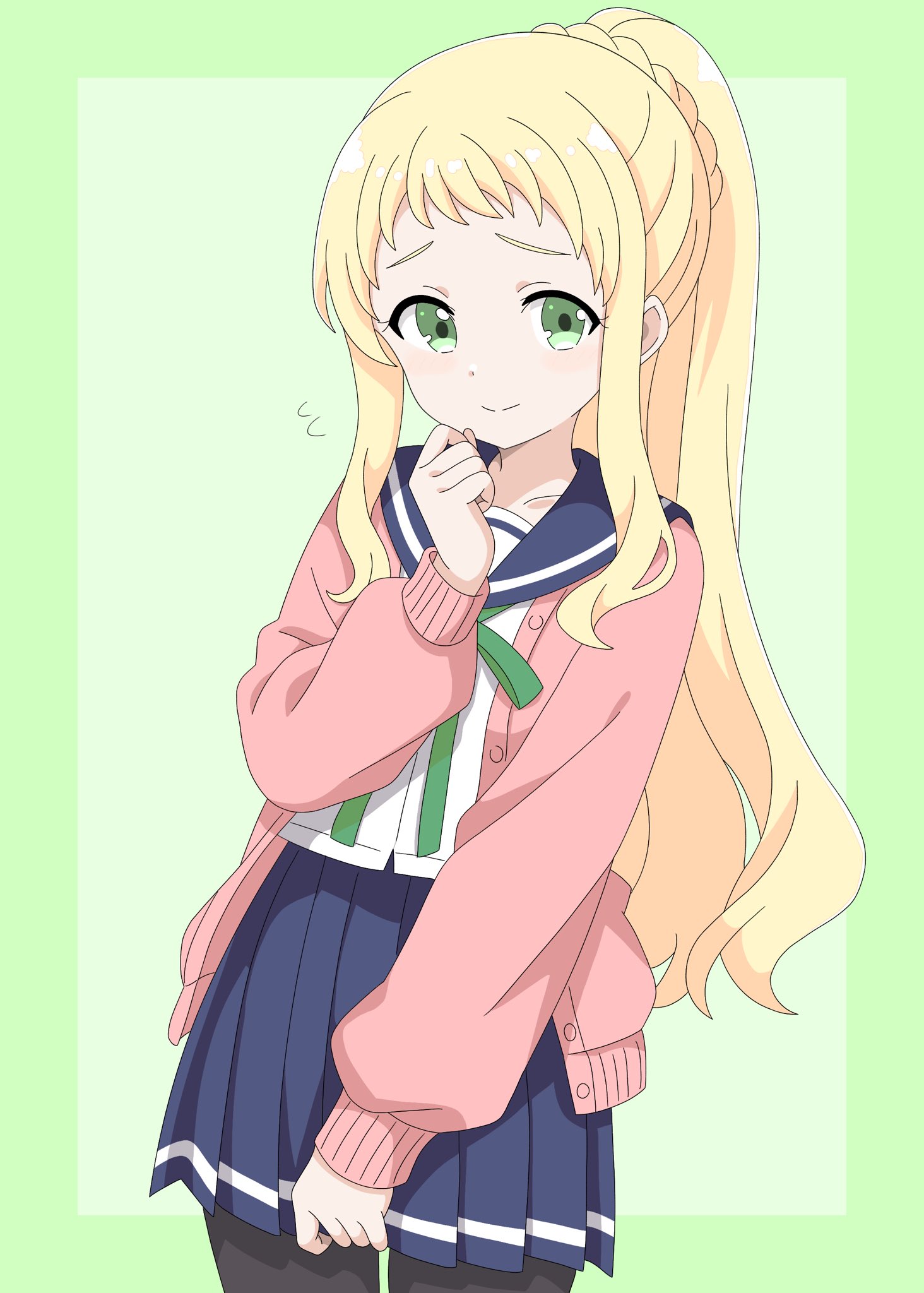 jin 1116, inose mai, koisuru asteroid, 1girl, black pantyhose, blonde hair, blue sailor collar, blue sky, blush, closed mouth, collarbone, dot nose, feet out of frame, female focus, green background, green eyes, long hair, long sleeves, looking at viewer, open clothes, open sweater, pantyhose, pink sweater, ponytail, sailor collar, school uniform, serafuku, shirt, short sleeves, simple background, skirt, sky, smile, solo, standing, sweater, white shirt