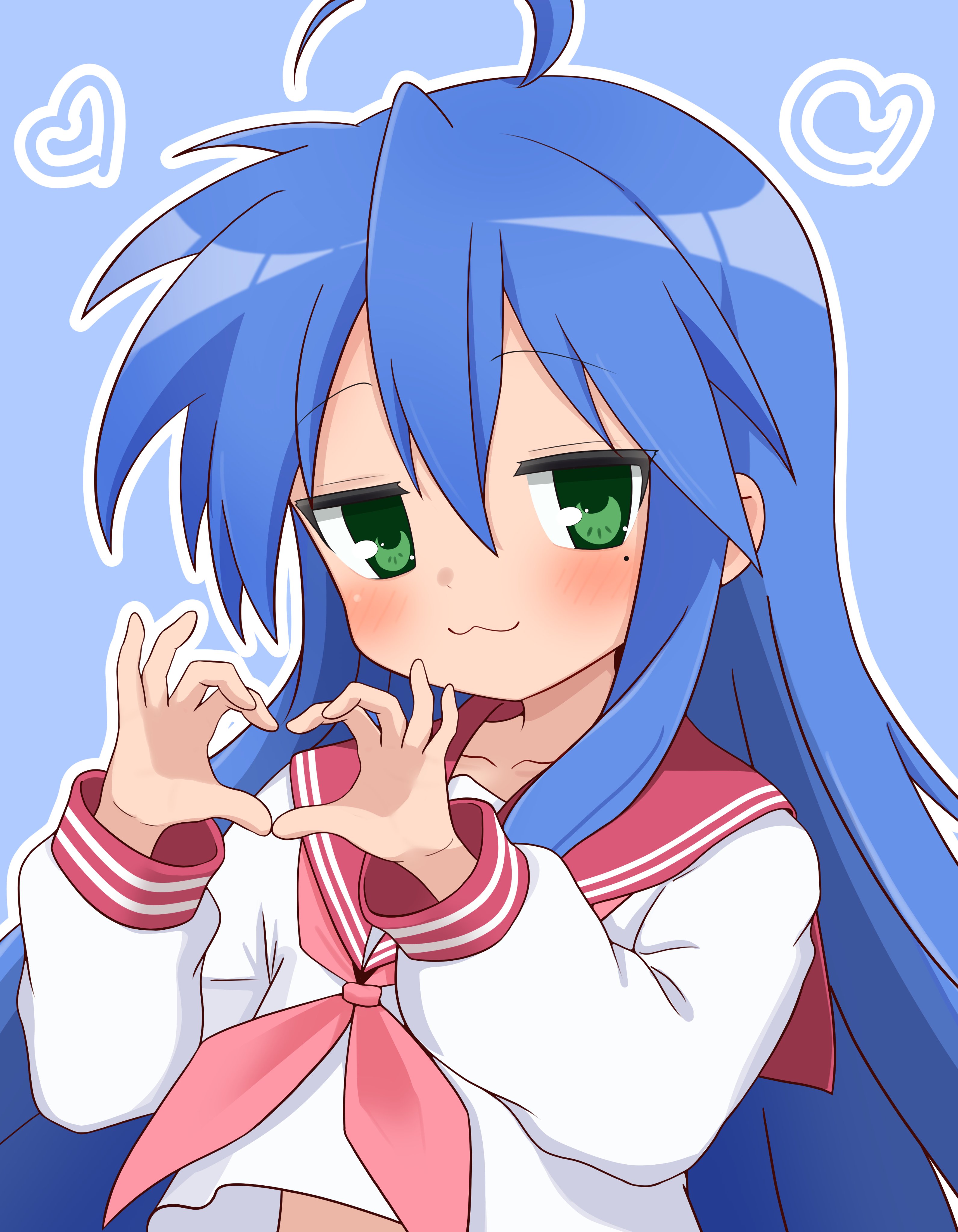meisoochuu, izumi konata, lucky star, 1girl, ahoge, blue background, blue hair, closed eyes, collar, dot nose, feet out of frame, female focus, green eyes, hair between eyes, heart (symbol), long hair, long sleeves, looking at viewer, mole, mole under eye, red sailor collar, ribbon, ryouou school uniform, sailor collar, school uniform, serafuku, shirt, simple background, smile, standing, white shirt