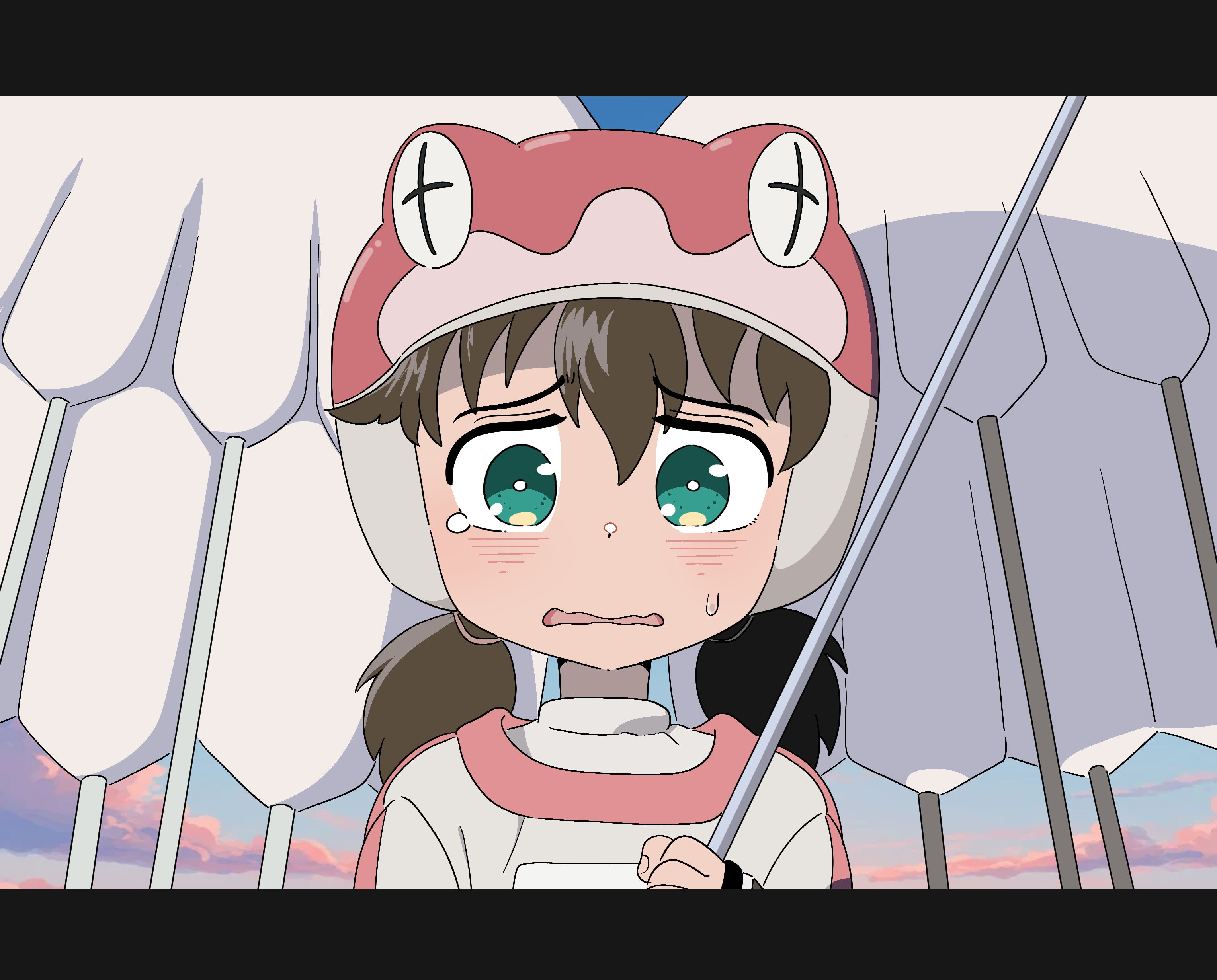 leims (urje8584), ootani yuri, alien nine, absurdres, commentary, highres, 1girl, brown hair, frog hat, green eyes, letterboxed, open mouth, solo, tearing up, tears, twintails, wavy mouth