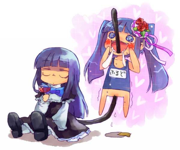 nekokun, frederica bernkastel, furudo erika, umineko no naku koro ni, + +, 00s, 2girls, all the way through, blue eyes, blue hair, blush, bottomless, cat tail, censored, chibi, completely unamused, drink, fangs, flower, hair flower, hair ornament, happy, heart, long hair, mosaic censoring, multiple girls, one-piece swimsuit, pussy juice, red flower, red rose, rose, saliva, school swimsuit, sparkle, swimsuit, tail, tears, trembling, twintails, unamused, what