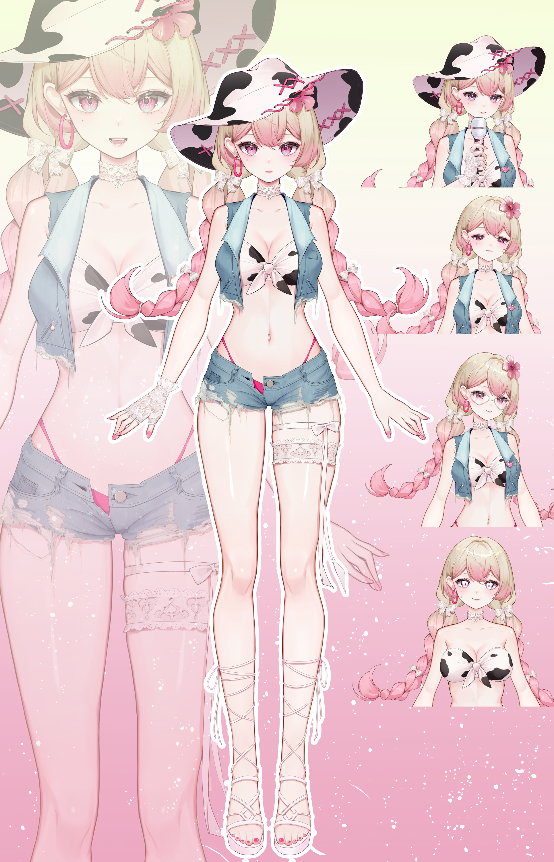 shanwenyufan, original, absurdres, chinese commentary, commentary request, highres, 1girl, animal print, bare shoulders, bespectacled, bikini, bikini under clothes, blonde hair, blue shorts, blue vest, bow, braid, choker, closed mouth, collared vest, cow print, cropped torso, cropped vest, cross-laced headwear, denim, denim shorts, denim vest, dot nose, earrings, eyelashes, fingerless gloves, frilled gloves, frills, fringe trim, full body, glasses, gloves, gradient background, gradient hair, green background, hair between eyes, hair bow, happy, hat, highleg, highleg bikini, holding, holding microphone, hoop earrings, jewelry, knees, lace, lace choker, lace gloves, lace thighhighs, lapels, leg ribbon, light blush, light smile, lipstick, long hair, looking at viewer, low twin braids, makeup, microphone, mismatched bikini, multicolored hair, multiple hair bows, multiple views, nail polish, navel, open clothes, open mouth, open vest, outline, peaked lapels, pink background, pink bikini, pink bow, pink eyes, pink hair, pink lips, pink nails, print bikini, print headwear, reference sheet, ribbon, sandals, short shorts, shorts, single earring, single glove, standing, stomach, straight-on, swimsuit, teeth, thigh bow, thighhighs, toenail polish, toenails, twin braids, two-tone background, two-tone hair, unbuttoned, upper teeth only, vest, virtual youtuber, white-framed eyewear, white bikini, white bow, white choker, white gloves, white hat, white outline, white ribbon, white sandals, zoom layer