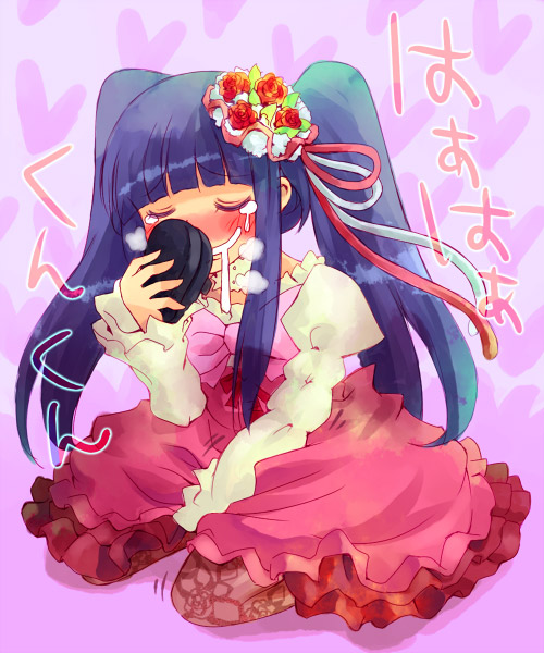 nekokun, furudo erika, umineko no naku koro ni, 00s, 1girl, blue hair, blunt bangs, blush, bow, choker, clothed masturbation, dress, female focus, female masturbation, female pervert, flower, frills, hair ornament, hime cut, holding, holding shoes, holding unworn clothes, implied yuri, long hair, masturbation, pantyhose, pervert, pink bow, ribbon, rose, saliva, shoes, smell, smelling, smile, solo, twintails, unworn shoes