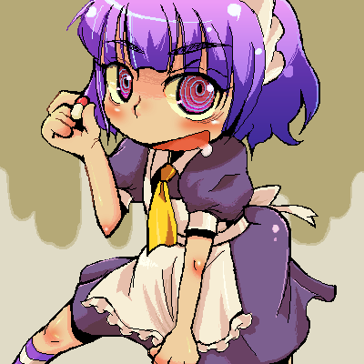 soxy, yakui, futaba channel, nijiura maids, lowres, 1girl, apron, crazy eyes, drugged, drugs, female focus, open mouth, pill, purple eyes, purple hair, saliva, short hair, smile, solo, striped clothes, striped thighhighs, thighhighs