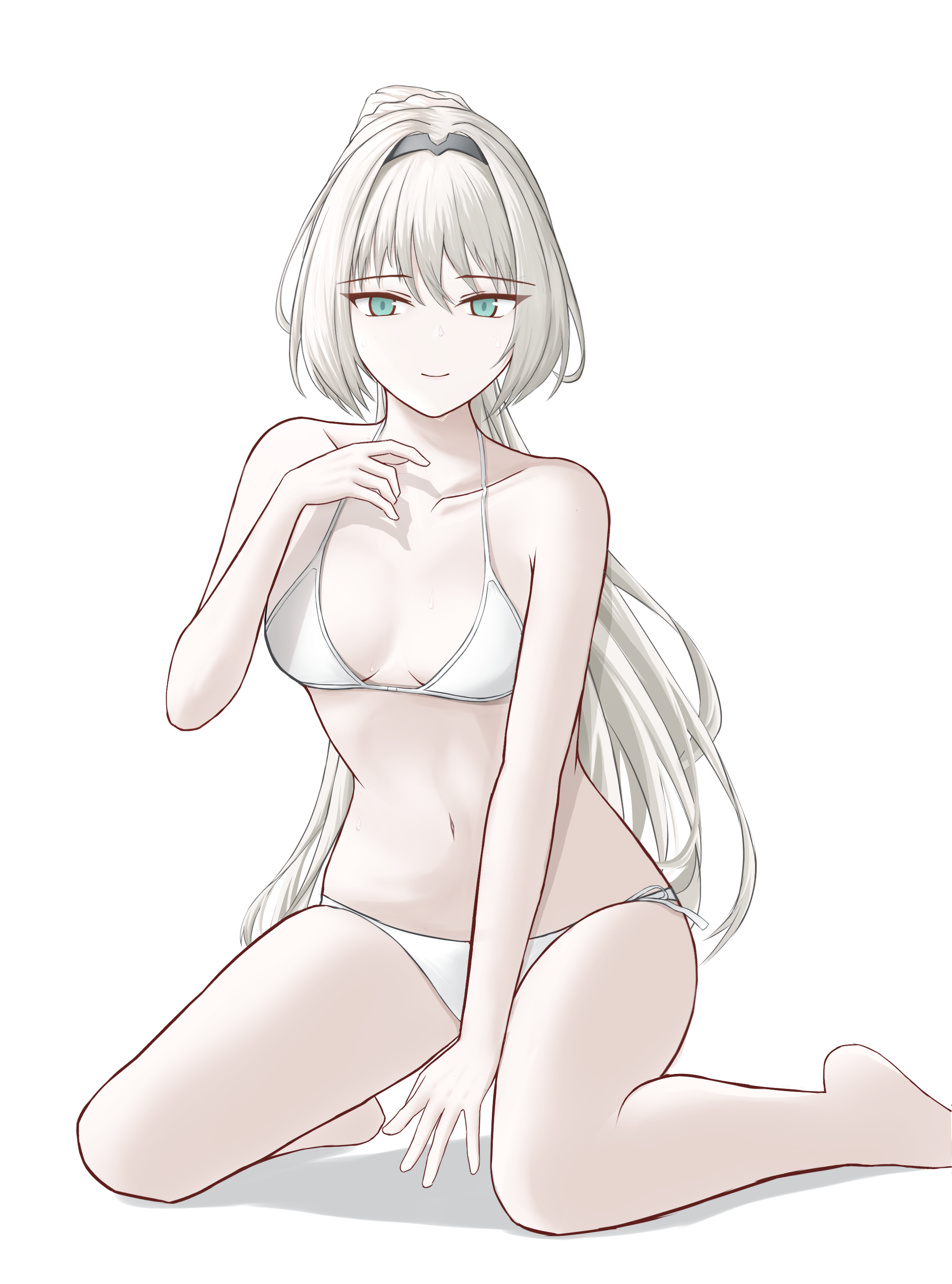 woon, an-94 (girls' frontline), an-94 (mod3) (girls' frontline), girls' frontline, absurdres, commentary, english commentary, highres, 1girl, alternate costume, aqua eyes, bare shoulders, bikini, black hairband, blonde hair, breasts, closed mouth, collarbone, hairband, kneeling, long hair, looking at viewer, navel, ponytail, sidelocks, small breasts, smile, solo, swimsuit, very long hair, white background, white bikini