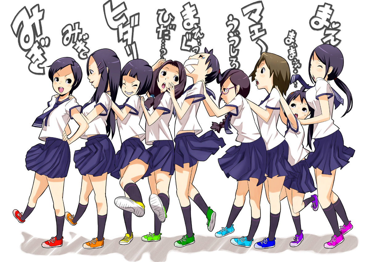 utu (wakon), original, commentary, 6+girls, black hair, brown eyes, brown hair, glasses, legs, multiple girls, school uniform, serafuku, short hair, socks, twintails