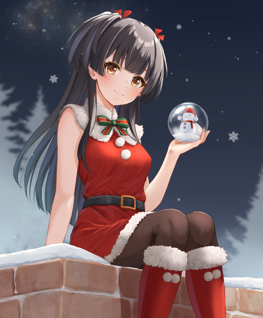 ca paria, mayuzumi fuyuko, idolmaster, idolmaster shiny colors, commentary request, partial commentary, variant set, 1girl, arm at side, black hair, black pantyhose, black sky, boots, bow, bowtie, brown hair, capelet, closed mouth, dress, feet out of frame, fur-trimmed boots, fur-trimmed dress, fur capelet, fur trim, hair ribbon, hand up, holding, holding snow globe, light smile, long hair, looking at viewer, looking down, night, outdoors, pantyhose, pom pom (clothes), red boots, red dress, red ribbon, ribbon, santa costume, short dress, sitting, sky, sleeveless, sleeveless dress, snow globe, snowflakes, solo, star (sky), striped bow, striped bowtie, striped clothes, two side up, white capelet