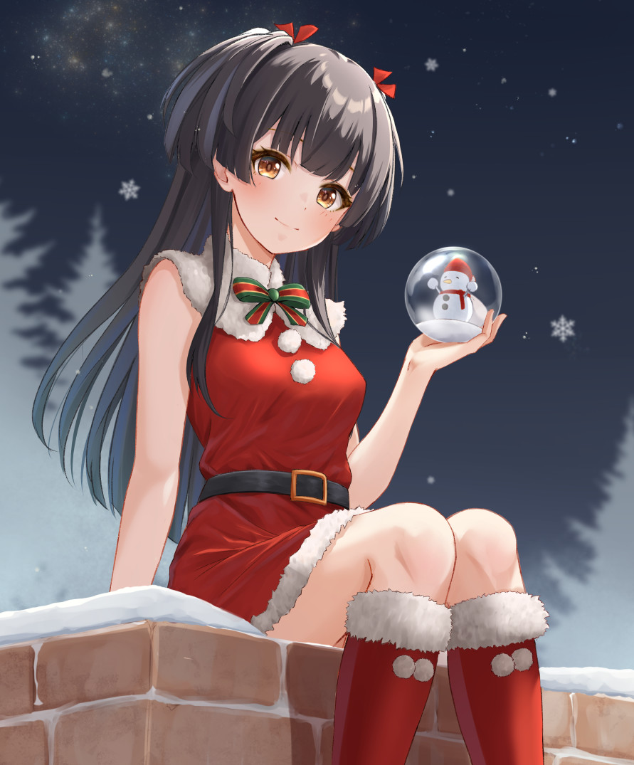 ca paria, mayuzumi fuyuko, idolmaster, idolmaster shiny colors, commentary request, variant set, 1girl, arm at side, black hair, black sky, boots, bow, bowtie, brown hair, capelet, closed mouth, dress, feet out of frame, fur-trimmed boots, fur-trimmed dress, fur capelet, fur trim, hair ribbon, hand up, holding, holding snow globe, light smile, long hair, looking at viewer, looking down, night, outdoors, pom pom (clothes), red boots, red dress, red ribbon, ribbon, santa costume, short dress, sitting, sky, sleeveless, sleeveless dress, snow globe, snowflakes, solo, star (sky), striped bow, striped bowtie, striped clothes, two side up, white capelet