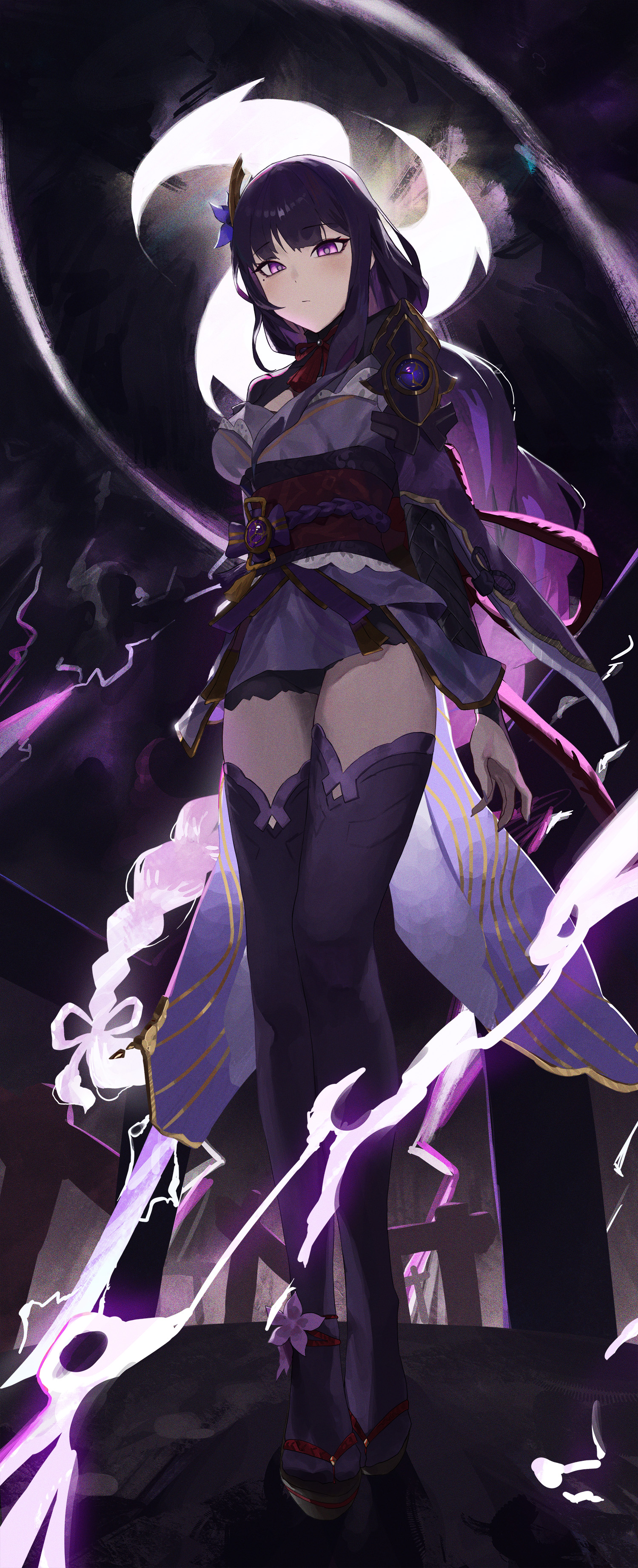 kji (rozo), raiden shogun, genshin impact, absurdres, commentary request, highres, 1girl, armor, blunt bangs, blush, braid, bridal gauntlets, closed mouth, electricity, electro symbol (genshin impact), engulfing lightning (genshin impact), expressionless, full body, gradient hair, hair ornament, japanese clothes, kimono, light blush, lingerie, long braid, mole, mole under eye, multicolored eyes, multicolored hair, neck ribbon, off shoulder, purple background, purple eyes, purple hair, purple kimono, purple nails, red ribbon, ribbon, shade, shoulder armor, single braid, solo, standing, streaked hair, thighhighs, underwear